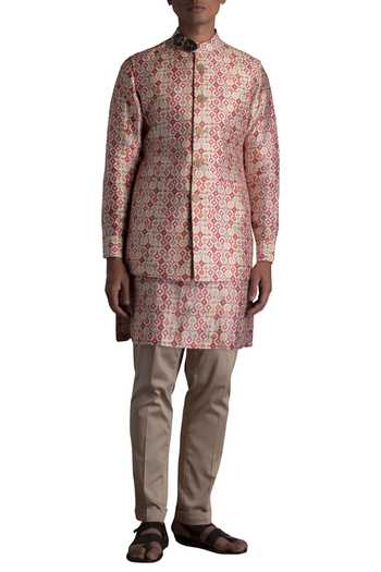 Buy Qbik Beige Raw Silk Printed Nehru Jacket And Kurta Set Online | Aza ...