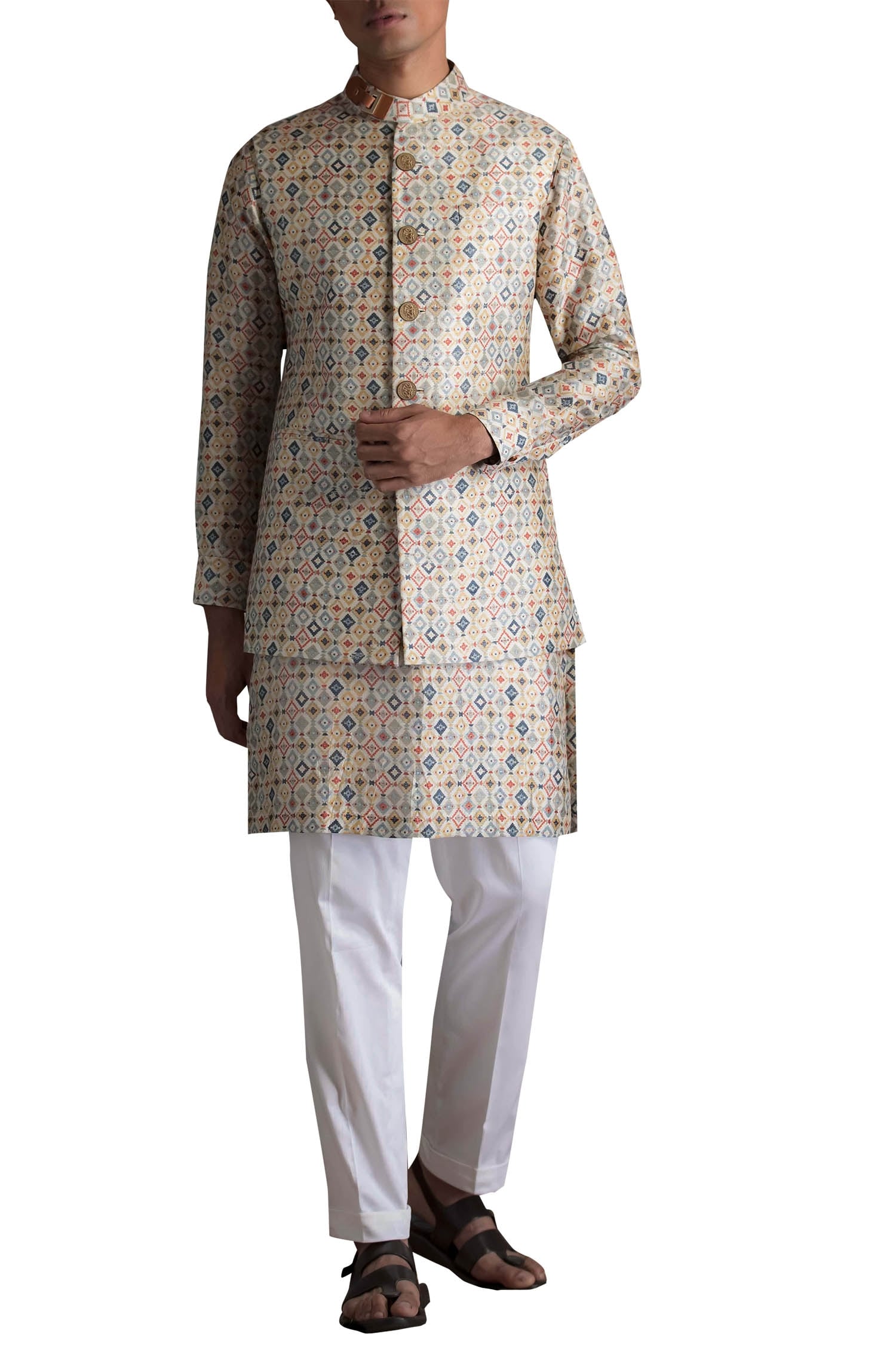 Buy Qbik Off White Raw Silk Printed Nehru Jacket And Kurta Set Online ...