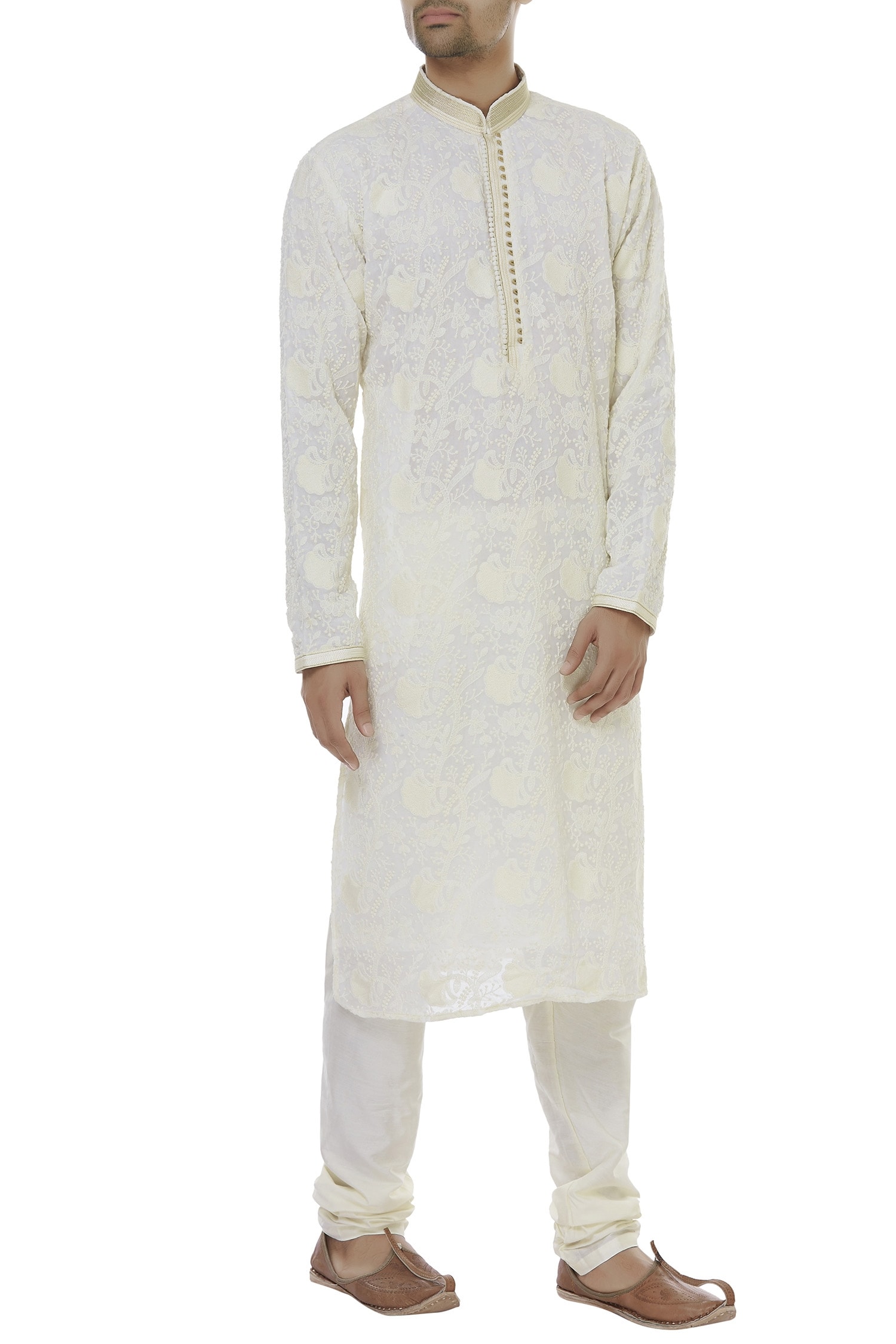 Buy Cream Raw Silk Chikankari Kurta Set For Men by Arihant Rai Sinha ...