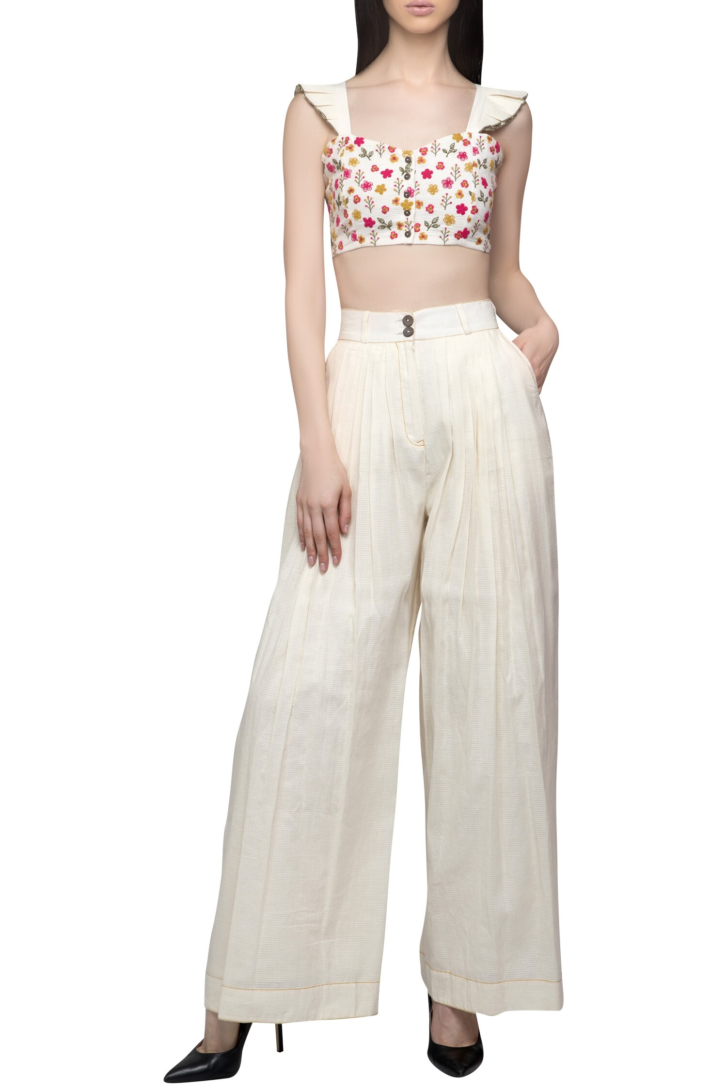 Buy Cream Crepe Digital Prints Leaf Crop Top And Bell Bottom Pant Set For  Women by Reynu Taandon Online at Aza Fashions.