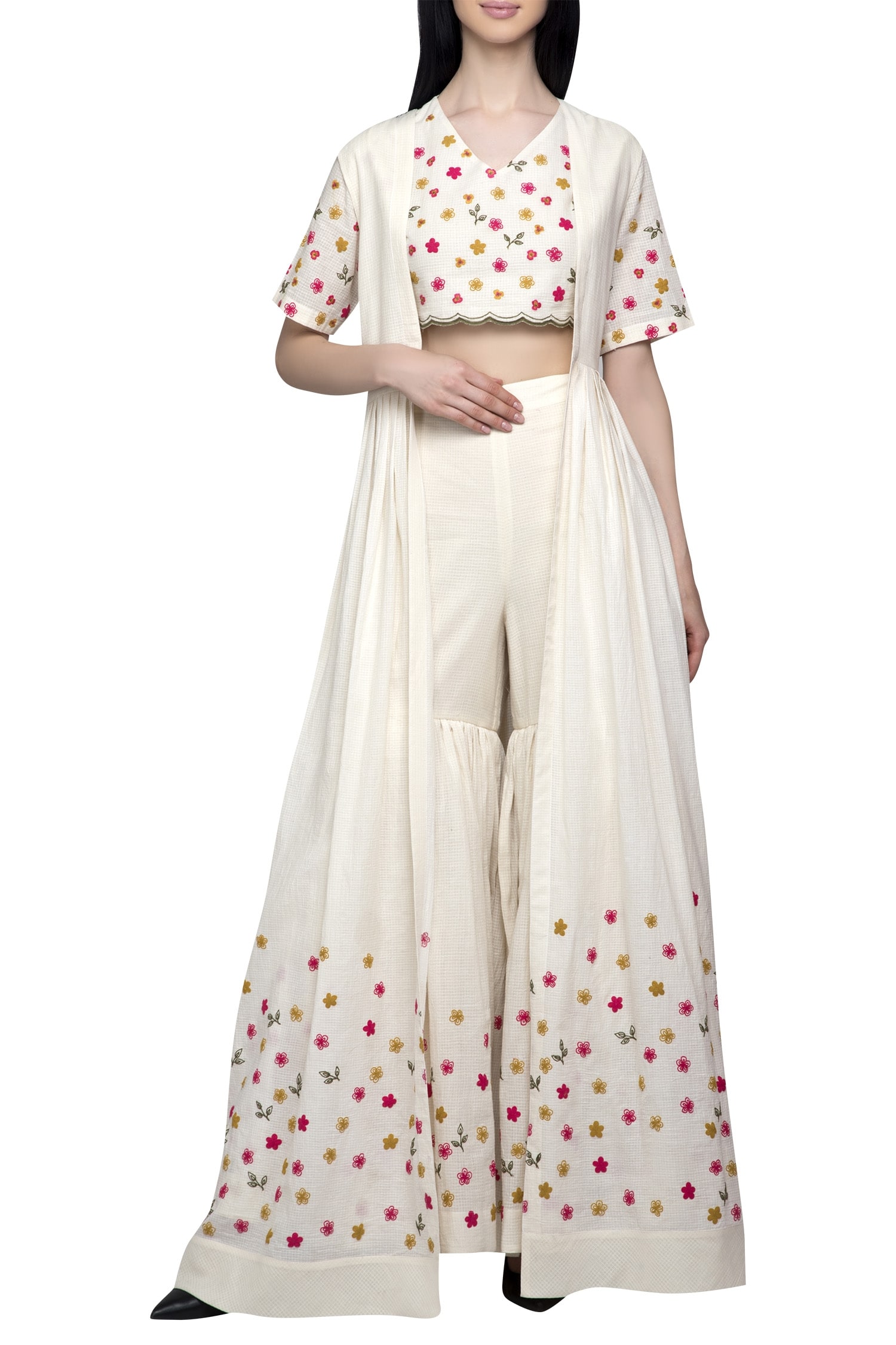 Buy S & V Designs Off White Dobby Cotton Embroidered Jacket Sharara Set