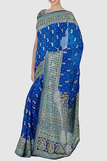 Blue Embellished Chinon Saree With Unstitched Blouse Piece