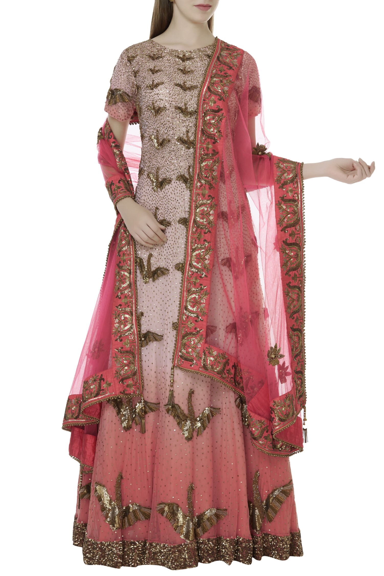 Nitin Bal Chauhan Fusion Coral Tulle Round Neck Embroidered Kurta Lehenga Set For Women