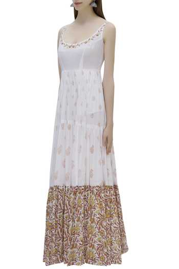 White & Maroon Block Print Anarkali Kurta Pant Set