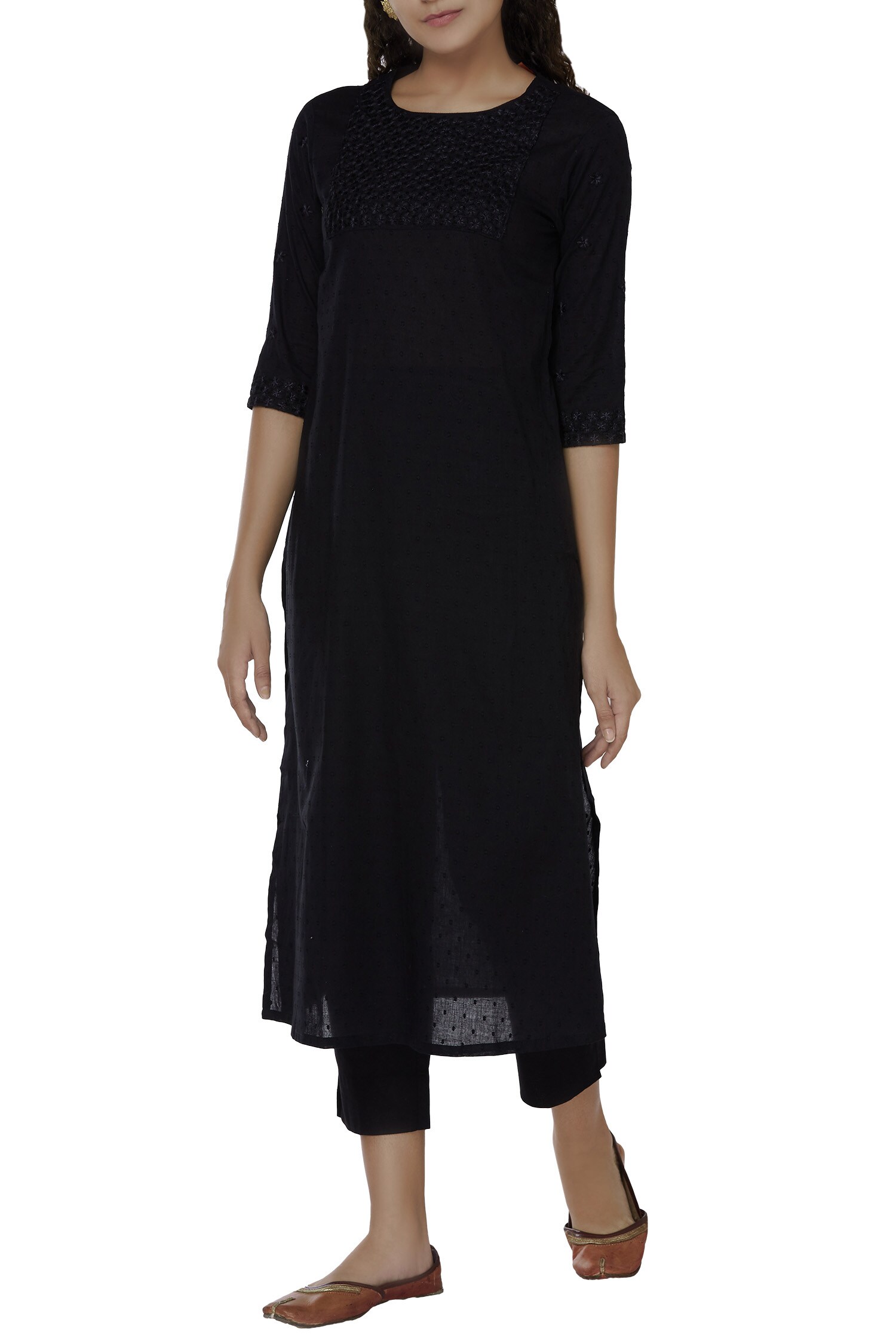 Buy Samyukta Singhania Black Cotton Embroidered Kurta With Pants Online
