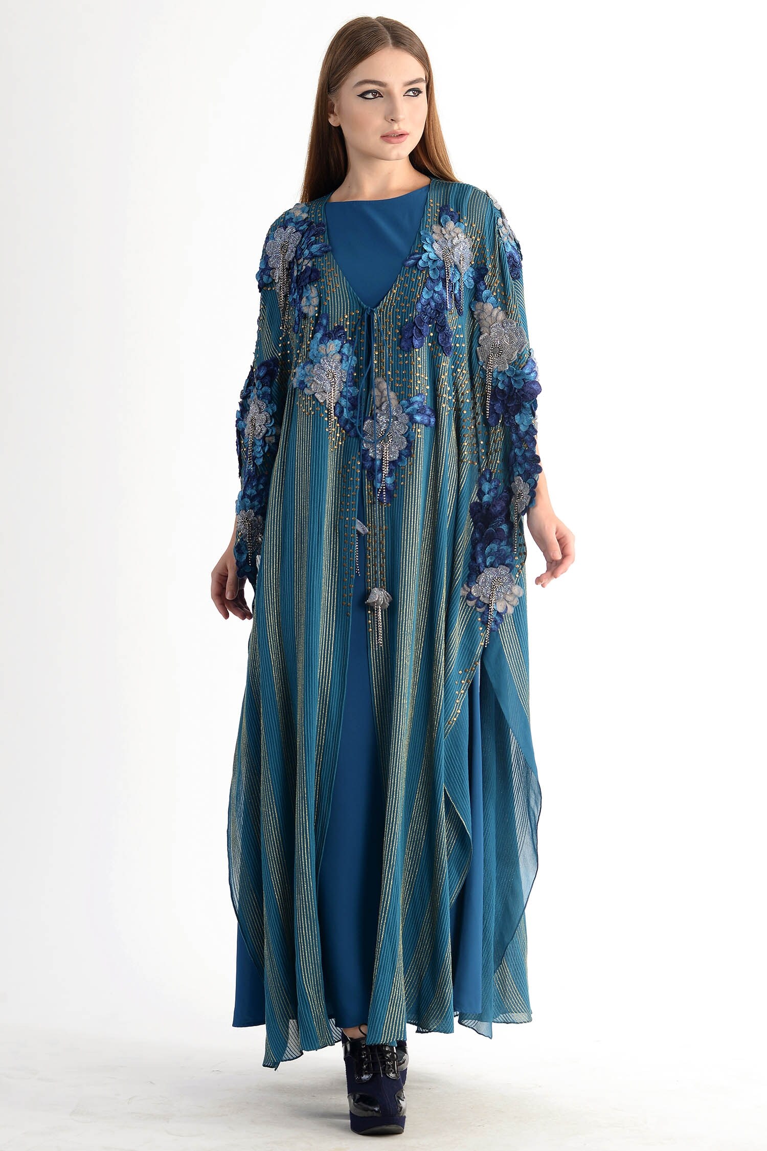 Buy Blue Georgette Embroidery V Neck Kaftan Dress For Women by Not So  Serious By Pallavi Mohan Online at Aza Fashions.