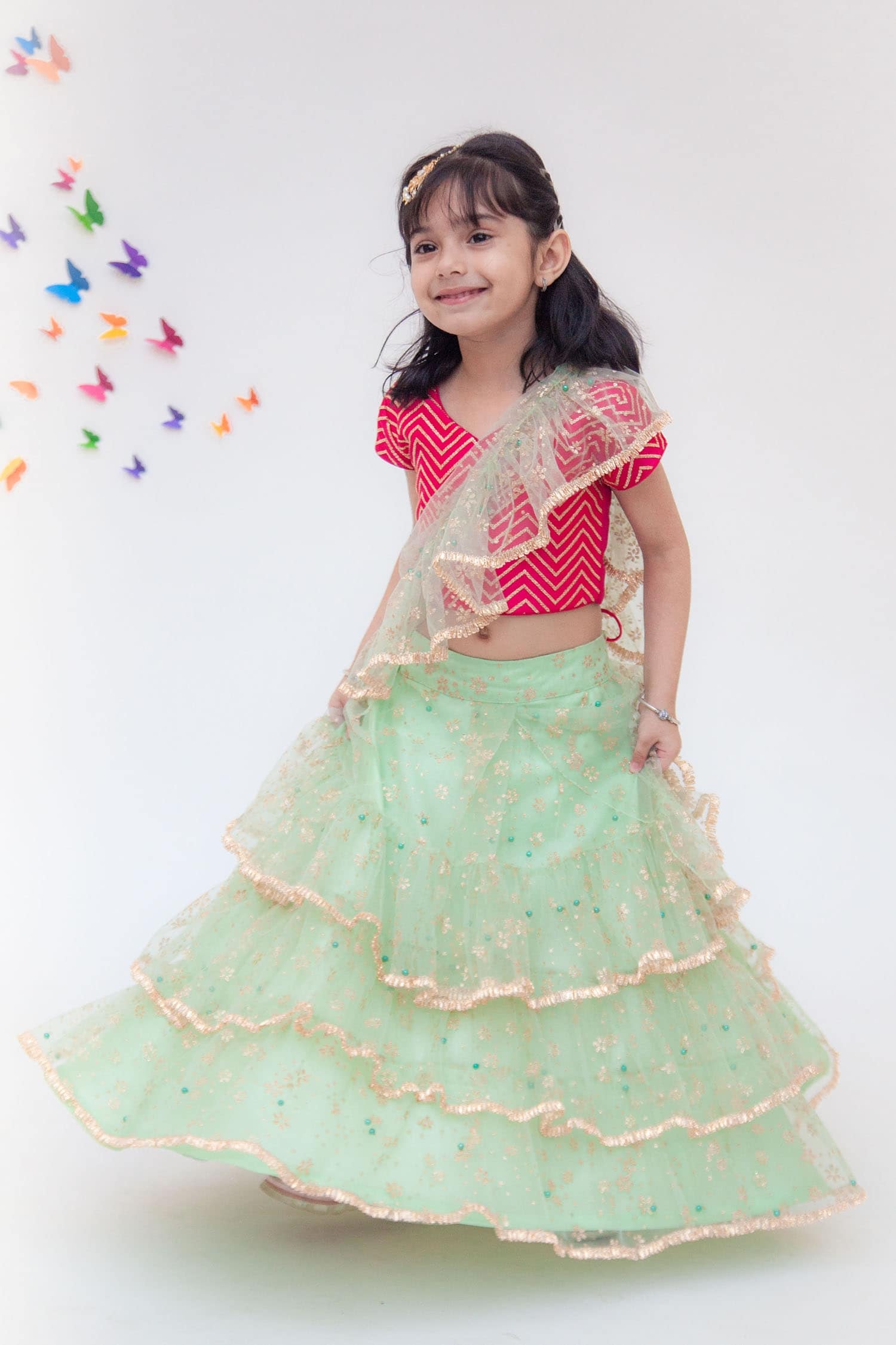 Buy Fayon Kids Green Embroidered Lehenga Set For Girls Online | Aza ...