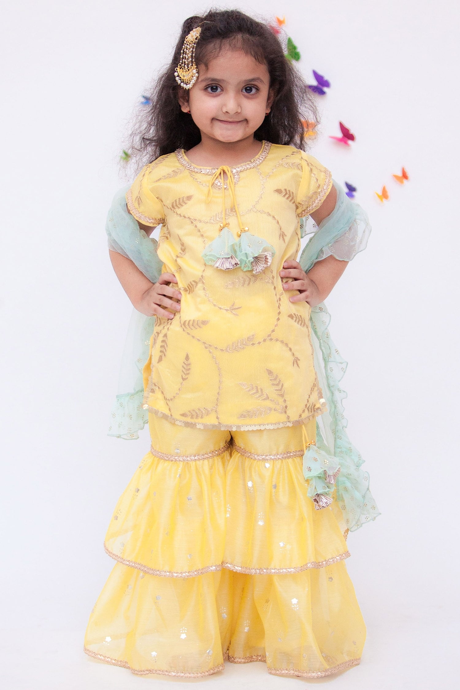Buy Yellow Chanderi Kurta Sharara Set For Girls by FAYON KIDS Online at ...