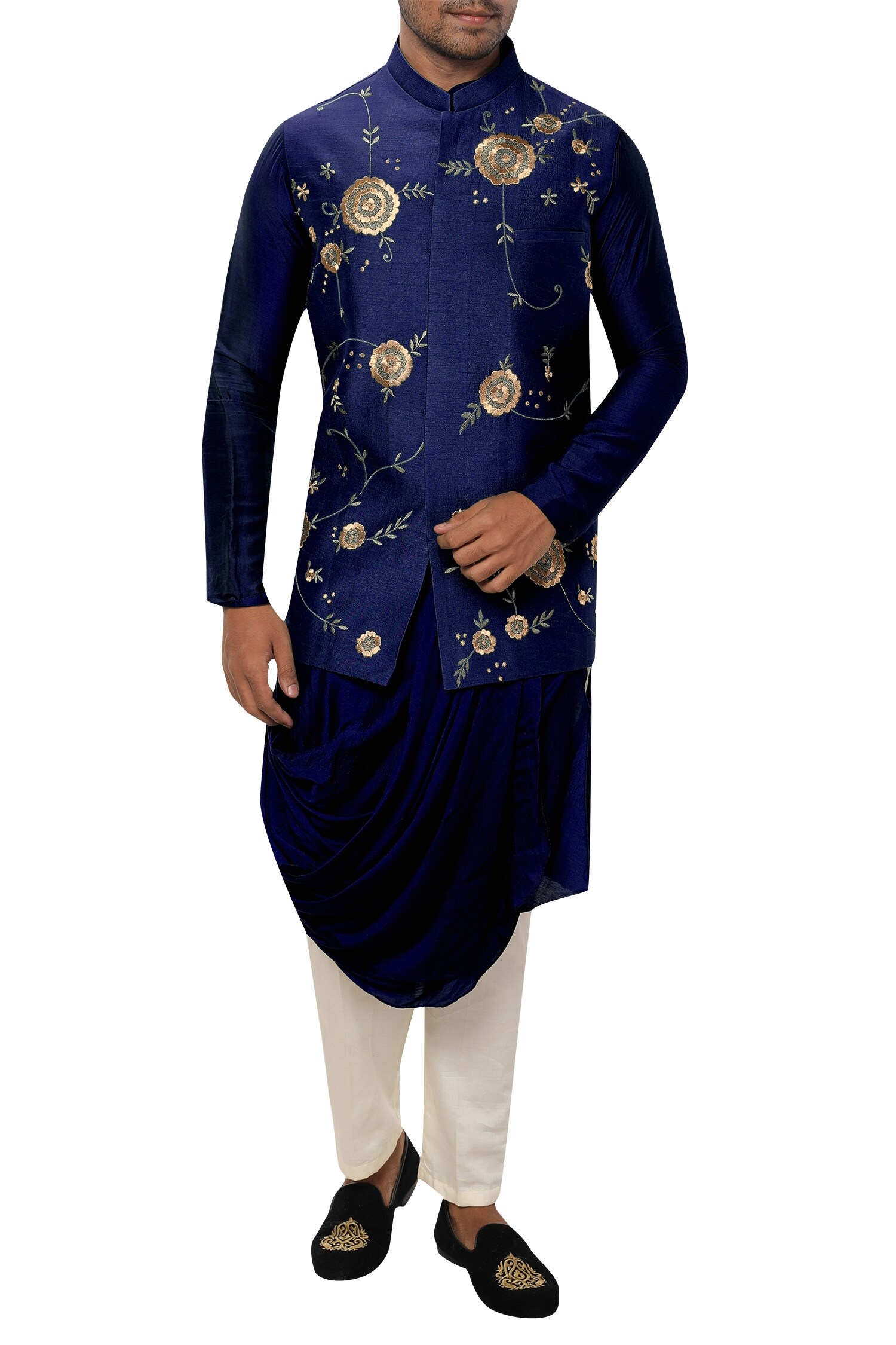 Buy Blue Cotton Silk Draped Kurta Bundi Set For Men by Smriti by Anju ...