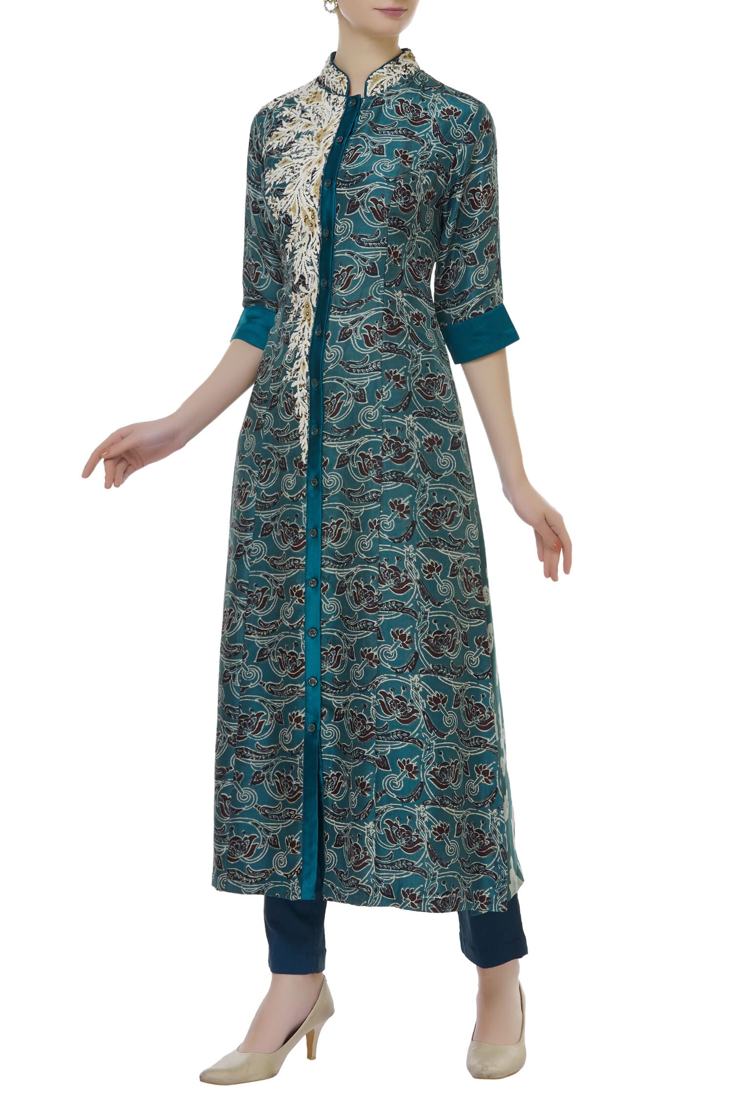 Buy Prisha Blue Silk Button Front Kurta Set Online | Aza Fashions