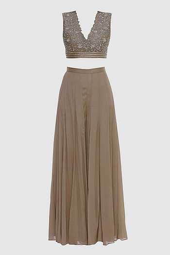 Women Beige Chanderi Mughal Floral Sleeveless Crop Top