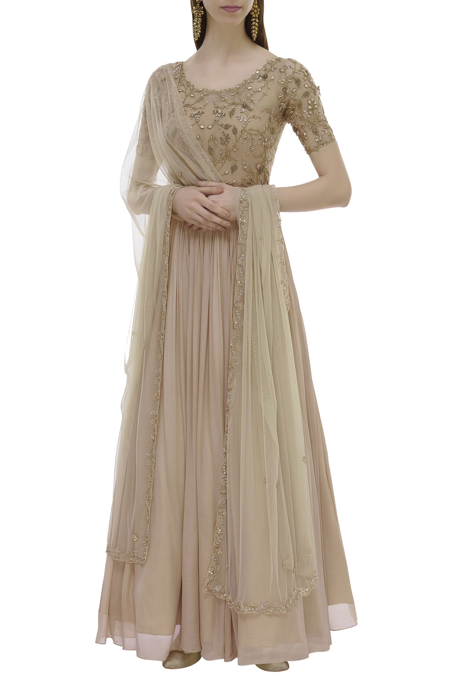 Buy Off White Soft Net Round Neck Embroidered Anarkali With Dupatta For  Women by Pleats by Kaksha and Dimple Online at Aza Fashions.