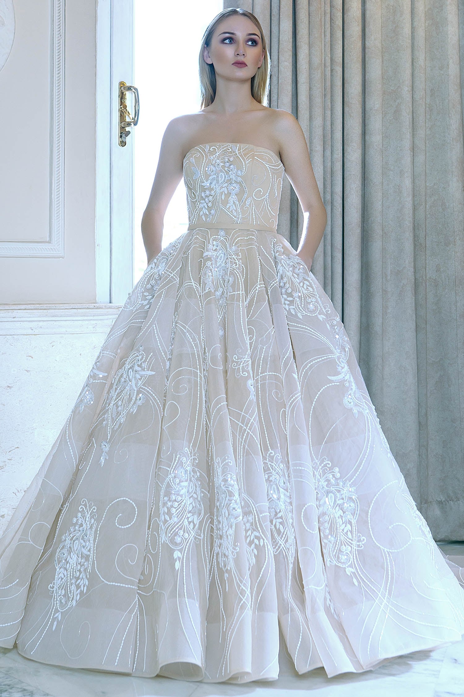 Amit GT Beige Tulle Embroidered Gown