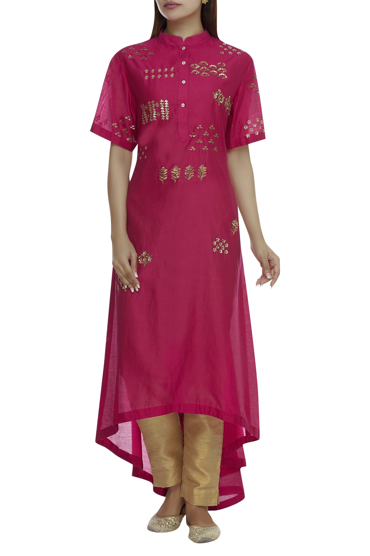 Buy Pink Chanderi Stand Collar High Low Kurta For Women by Sahil