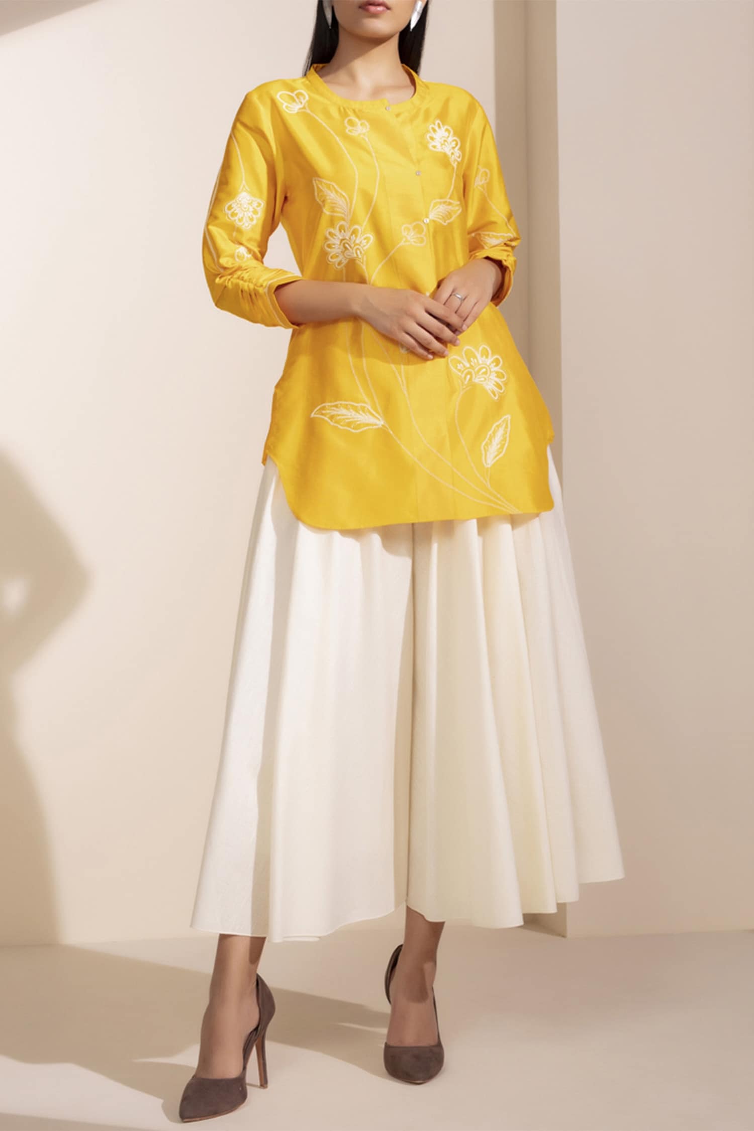Buy AMPM Yellow Silk Embroidered Kurta Palazzo Set Online | Aza Fashions