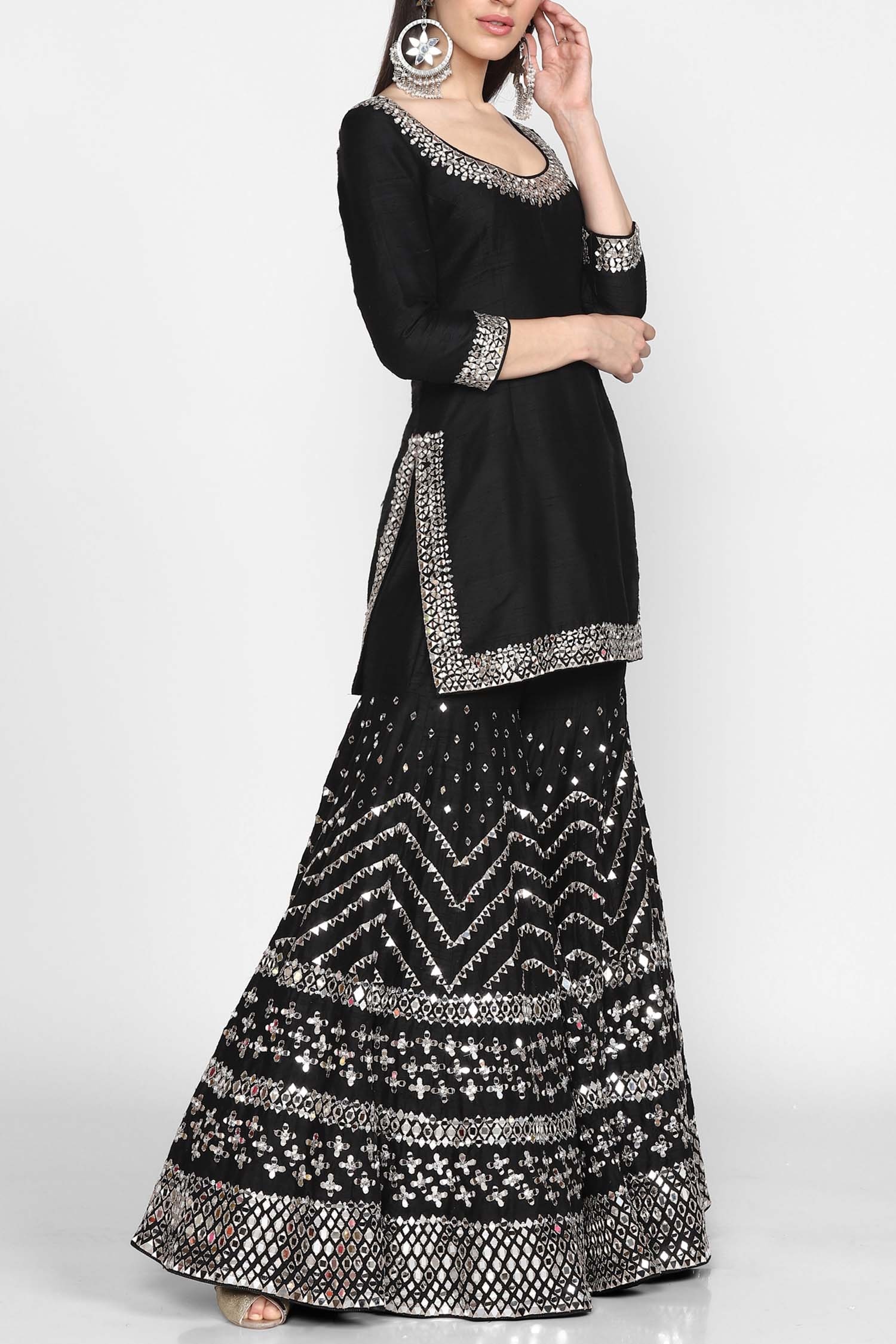 Buy Abhinav Mishra Black Raw Silk Embellished Kurta Sharara Set Online ...