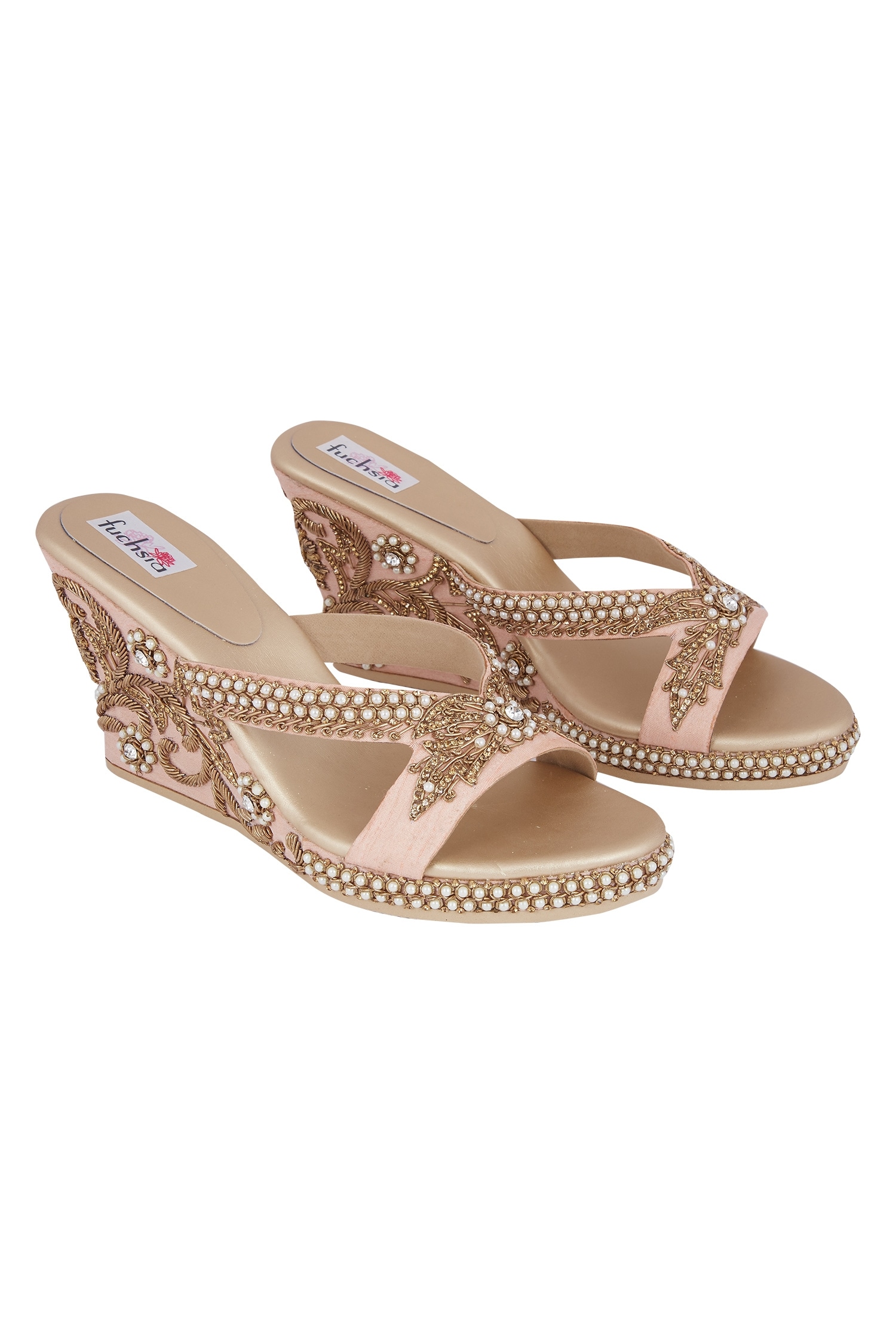 Buy Peach Embroidered Wedges by Fuchsia Online at Aza Fashions.