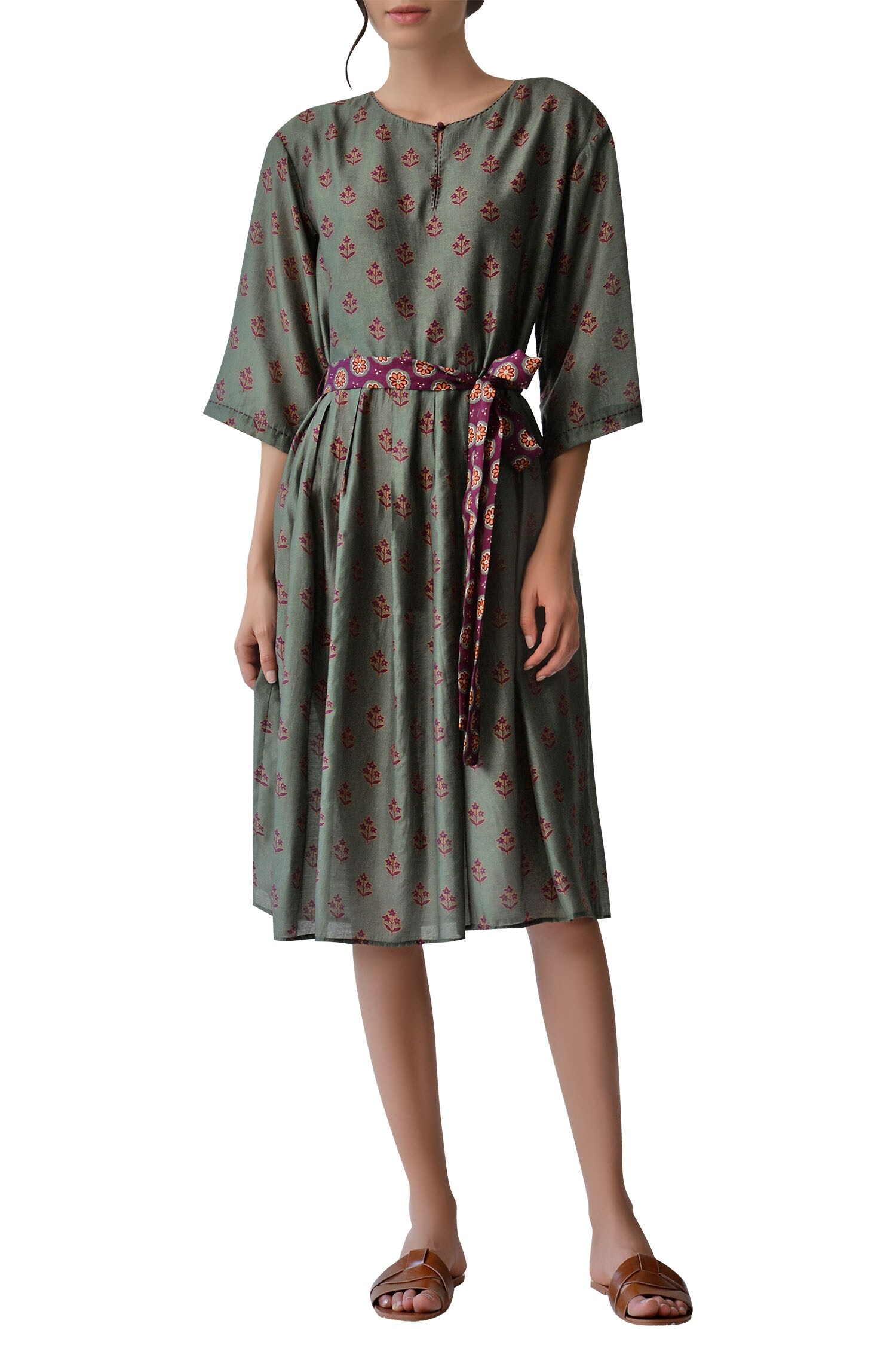 Buy Green Viscose Chanderi Round Printed Midi Dress For Women by Payal ...