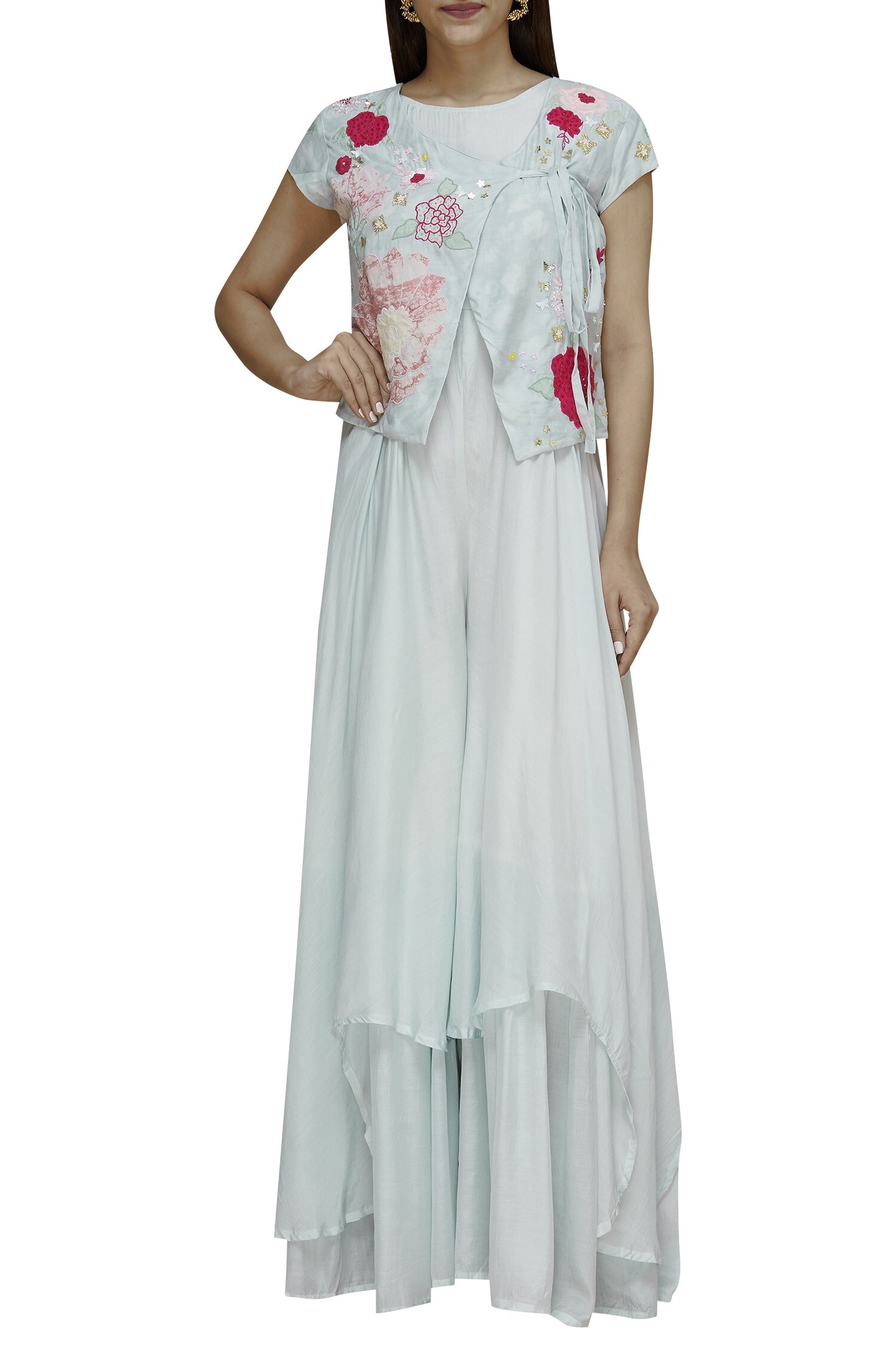 Buy Blue Cotton Base Silk Jumpsuit And Jacket Round With Embroidered