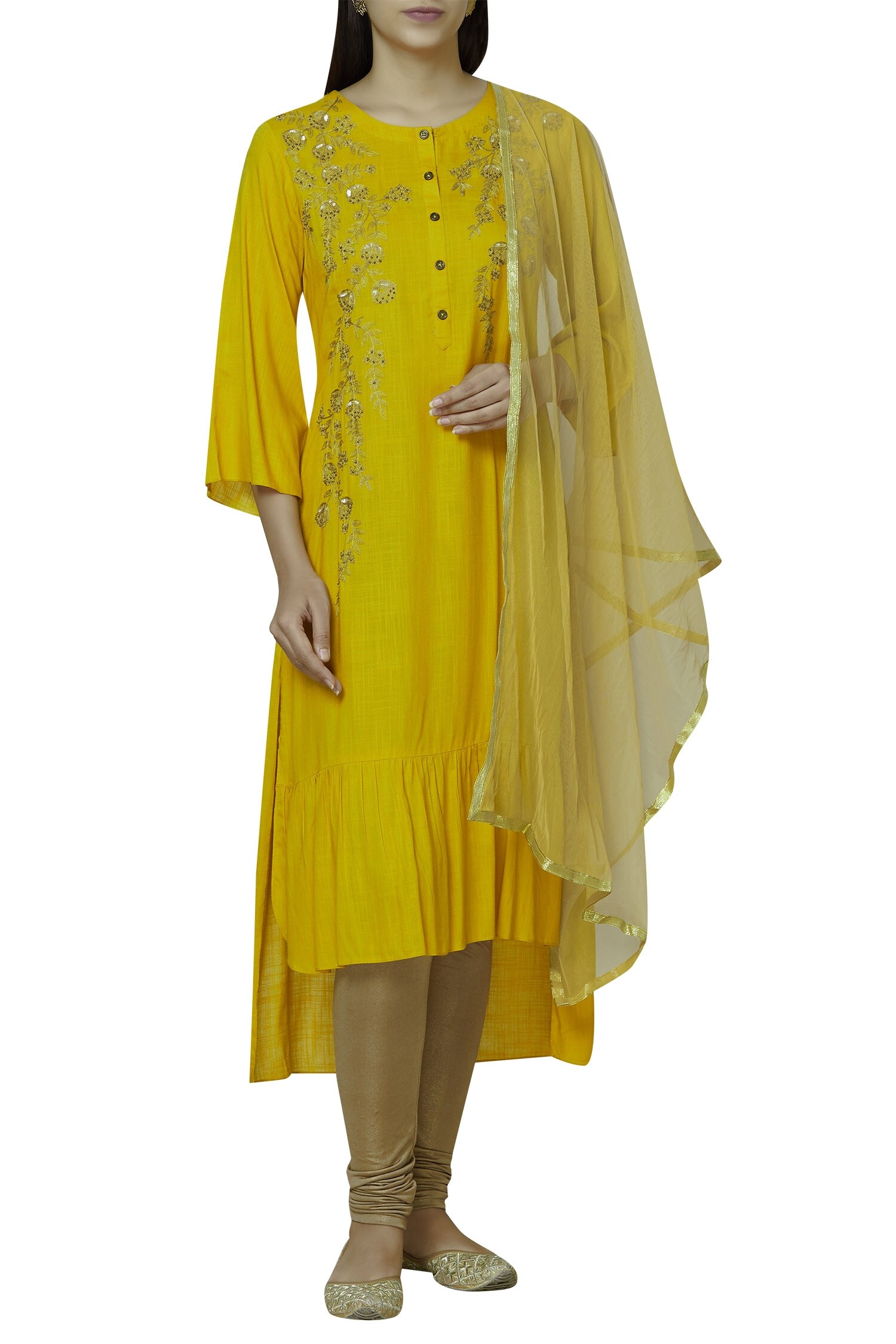 Buy Gold Kurta Rayon;churidar Shantoon;dupatta Net Embroidered Set For Women by Adara Khan