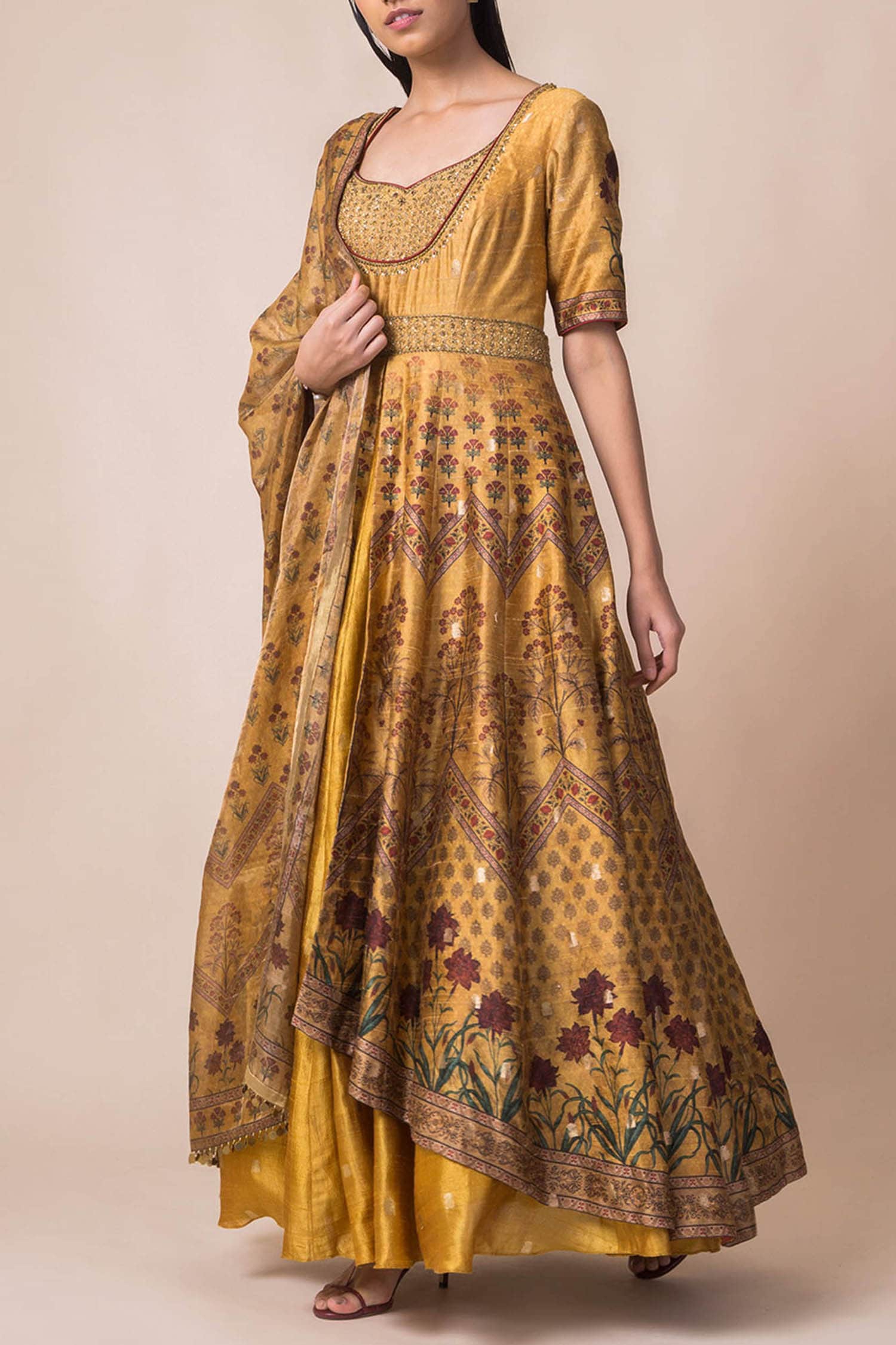 Buy Ekaya Yellow Dupion Silk Printed Anarkali With Dupatta Online | Aza ...