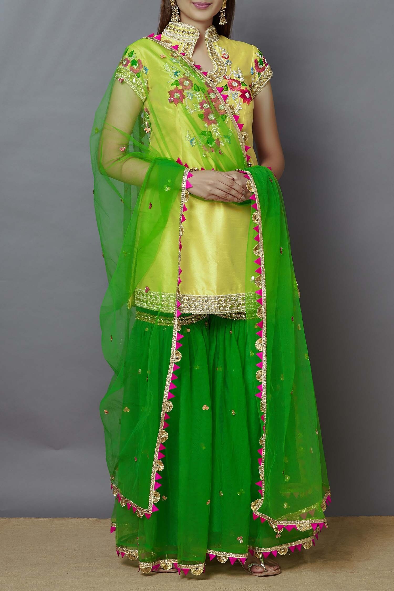 Buy Green Dupion Mandarin Collar Embroidered Kurta Sharara Set For