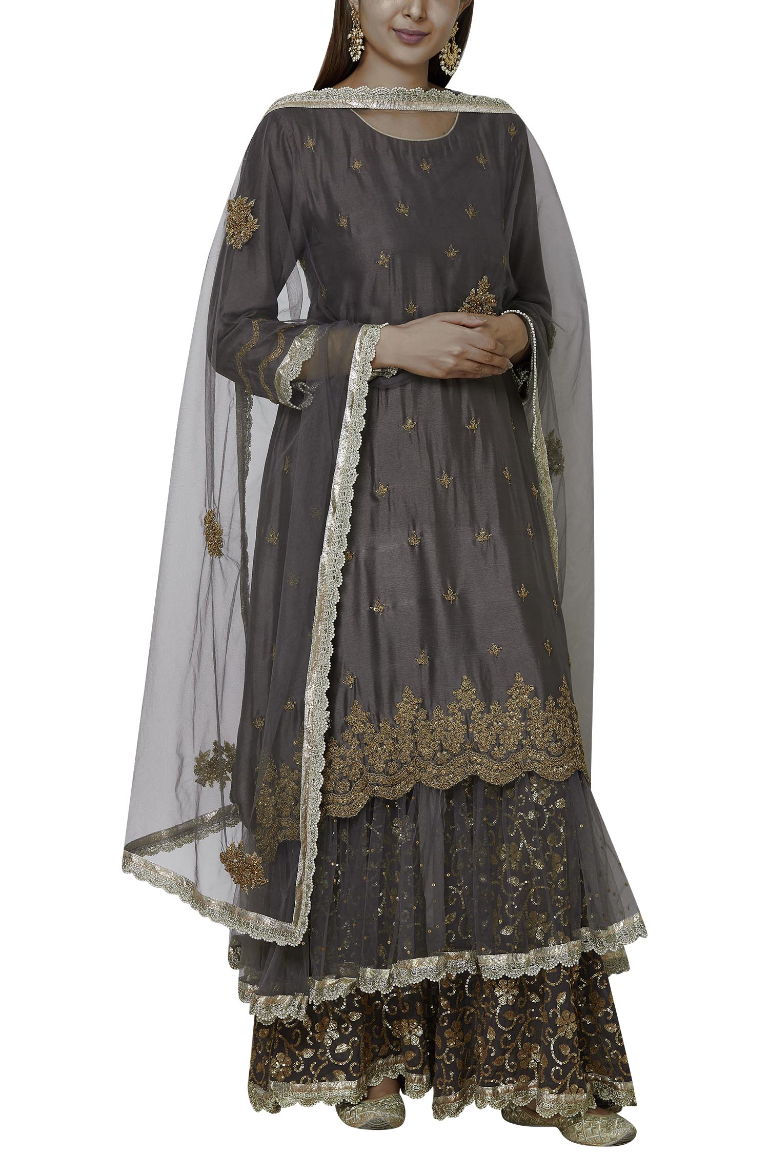 Aditi Beriwala Brown Cotton Linen Weave Embroidered Kurta Sharara Set