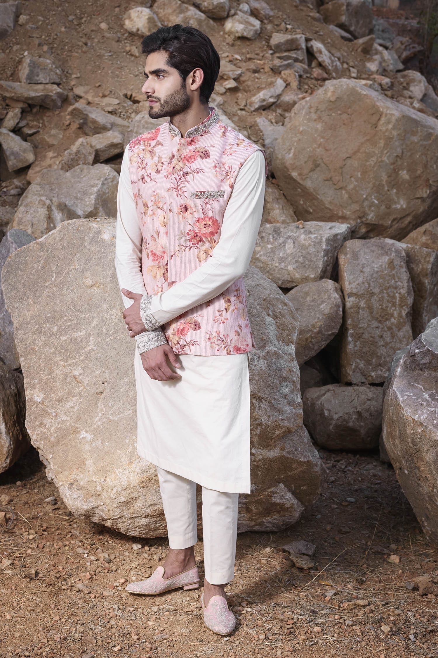 white kurta with pink jacket