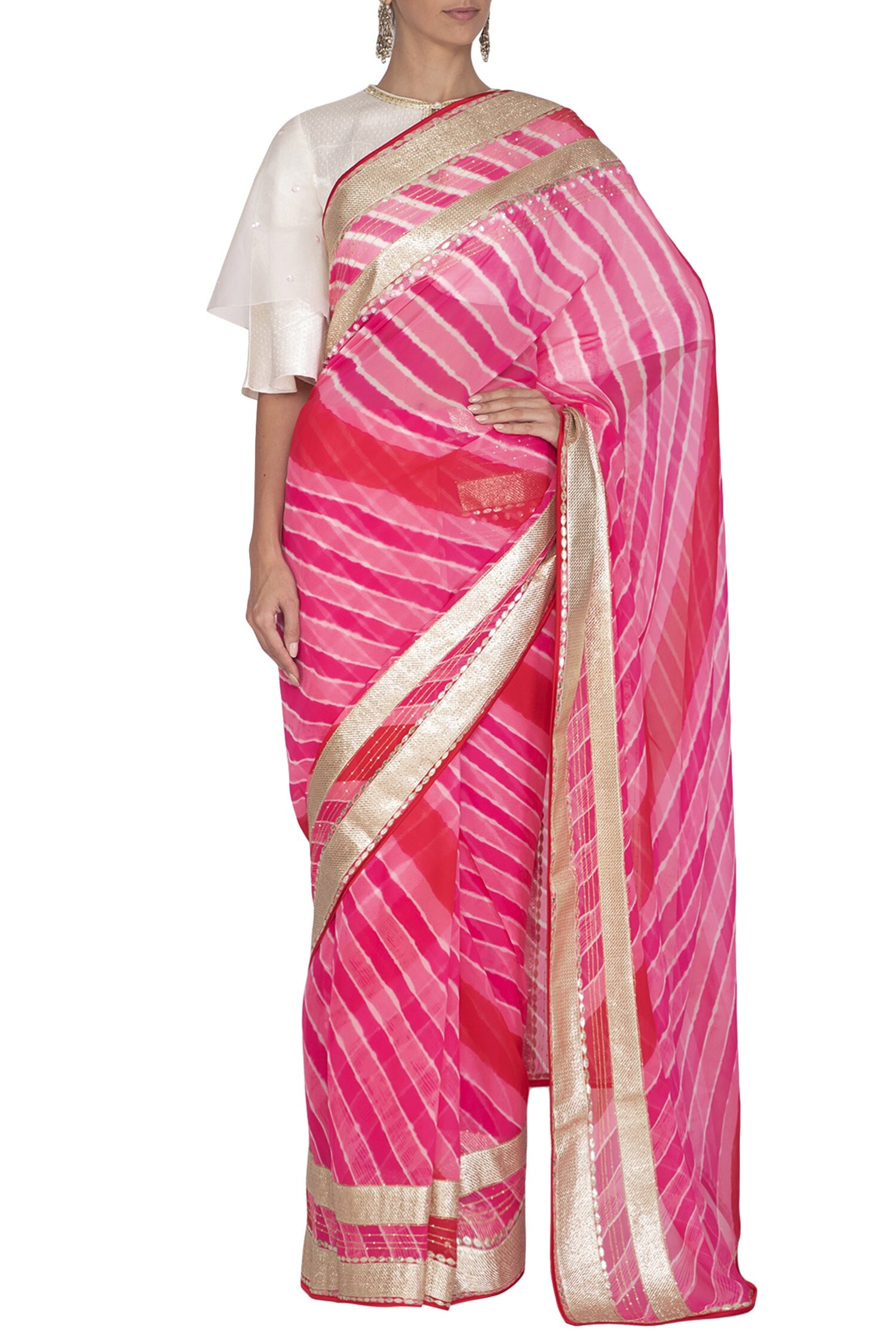 Buy Pink Gajji Round Leheriya Saree With Blouse For Women by Devnaagri ...