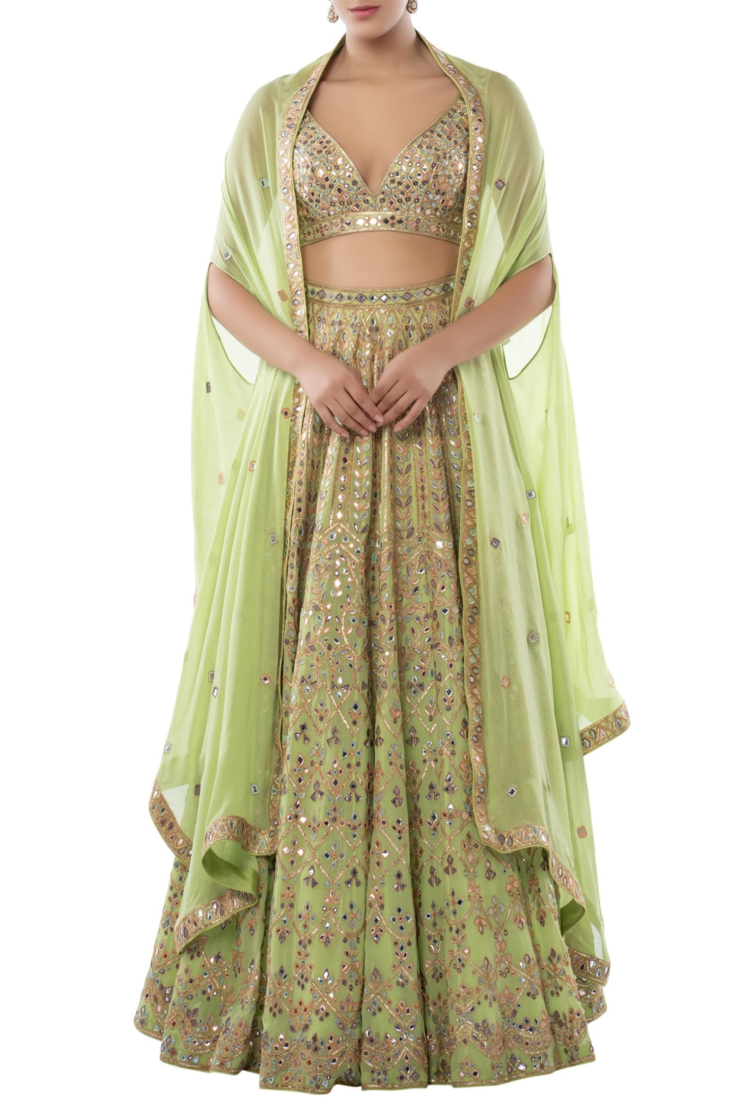 Buy Tamanna Punjabi Kapoor Green Georgette Embroidered Lehenga Cape Set ...