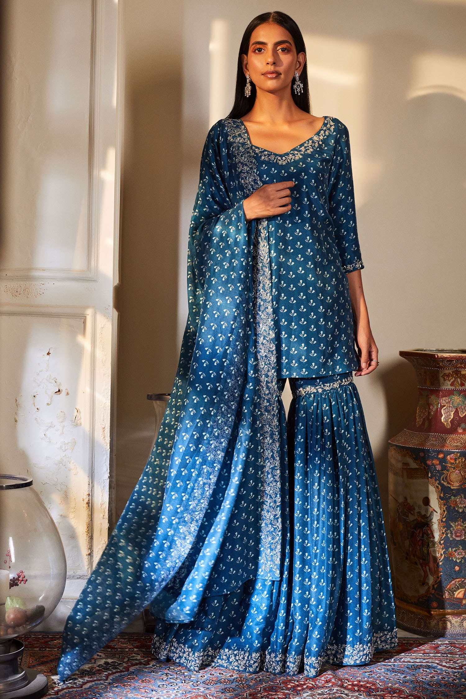 Buy Blue Chanderi V Neck Kurta Set For Women by Sana Barreja Online at ...