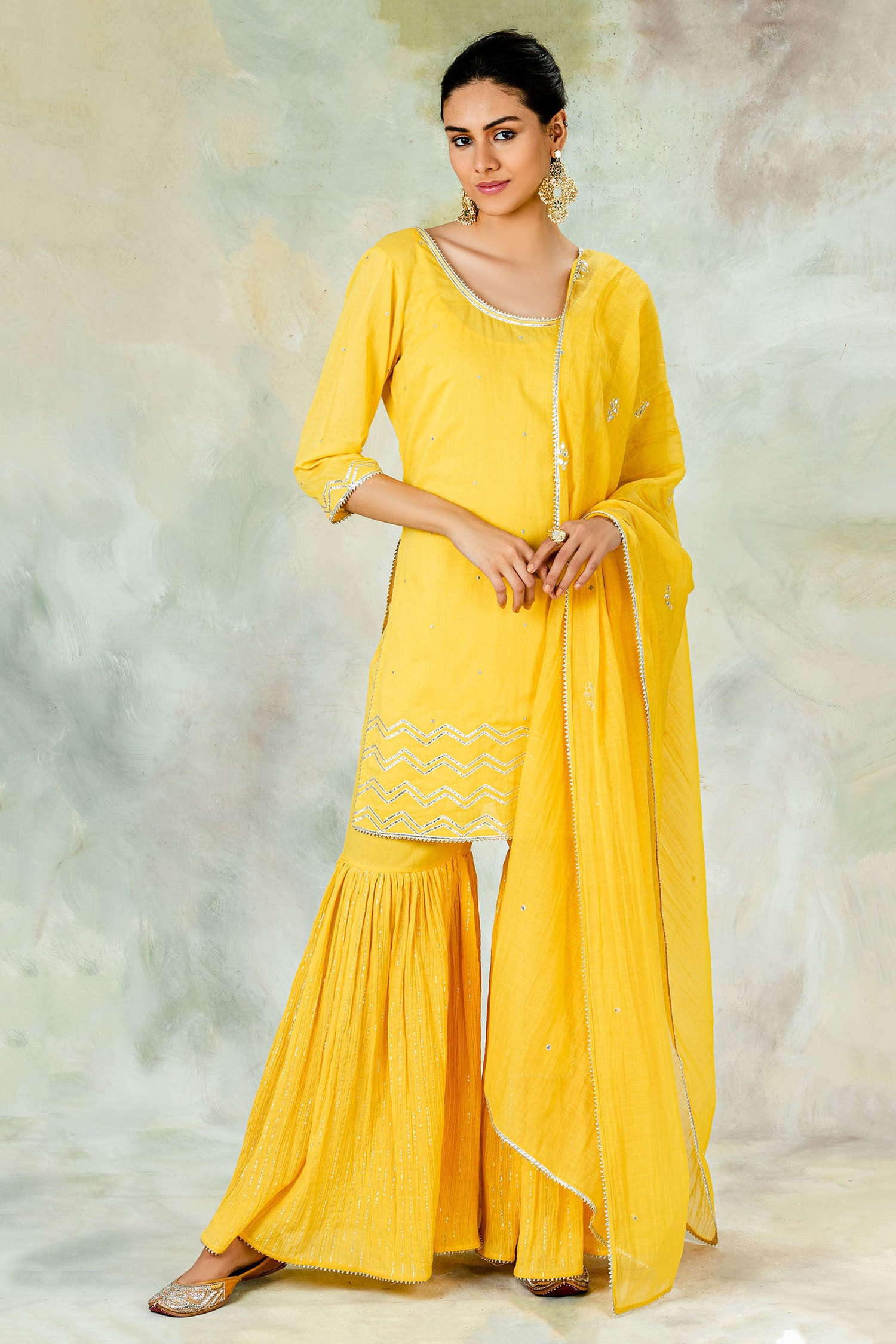 Yellow Sanganeri Printed Girls Short Kurthi With Sharara Pants - Byhand