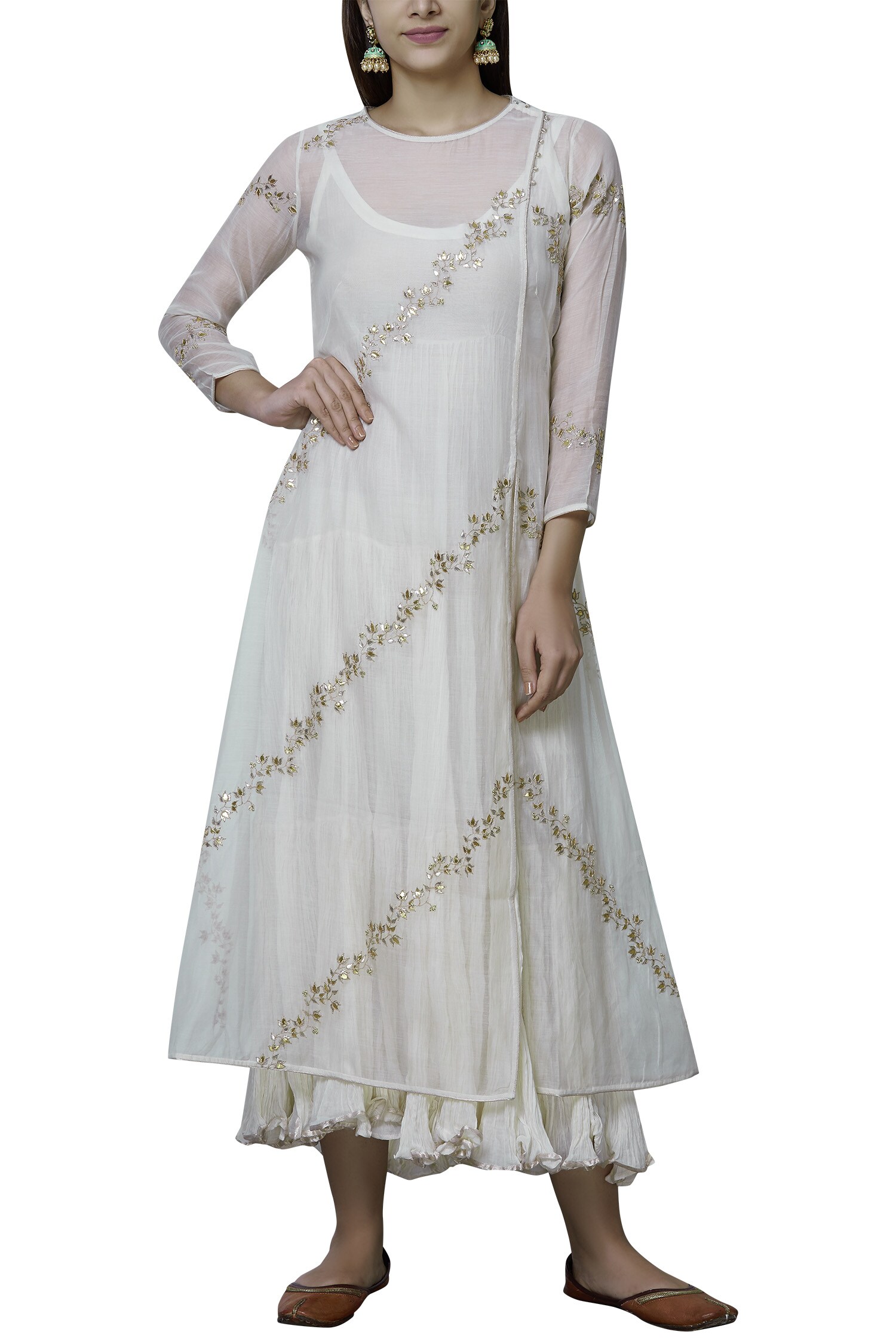 Buy Nini Mishra White Cotton Silk Embroidered Long Kurta Online | Aza ...