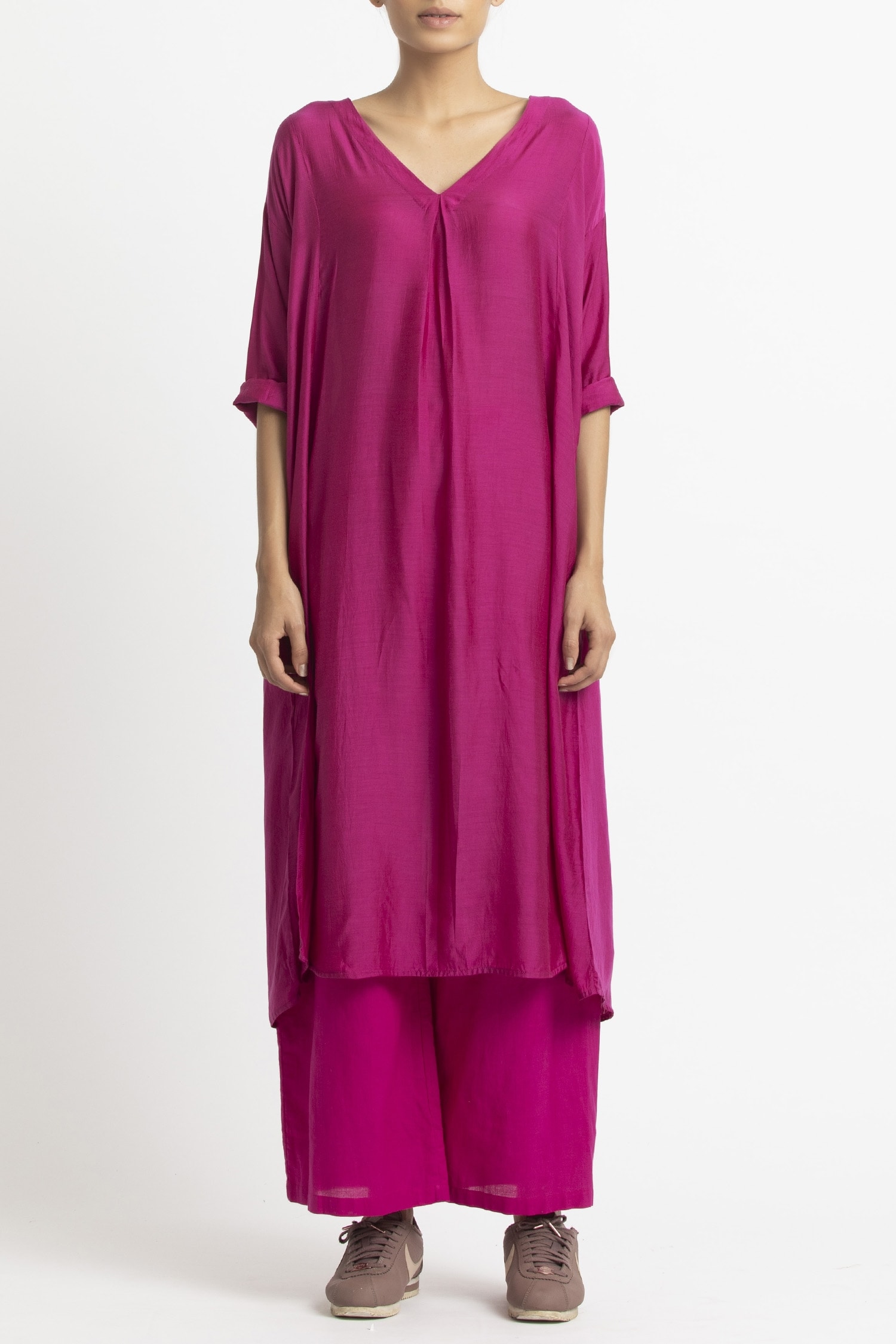 Buy Pink Silk V Neck Long Kurta For Women by THREE Online at Aza Fashions.