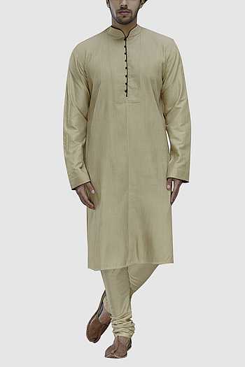 Beige Silk Kurta Set For Men With Kashmiri Hand Work