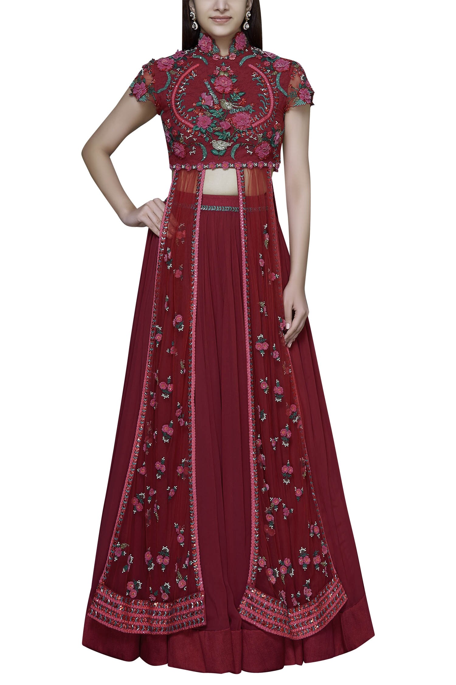 Buy Abhishek Vermaa Maroon Satin Embellished Kurta Lehenga Set Online ...