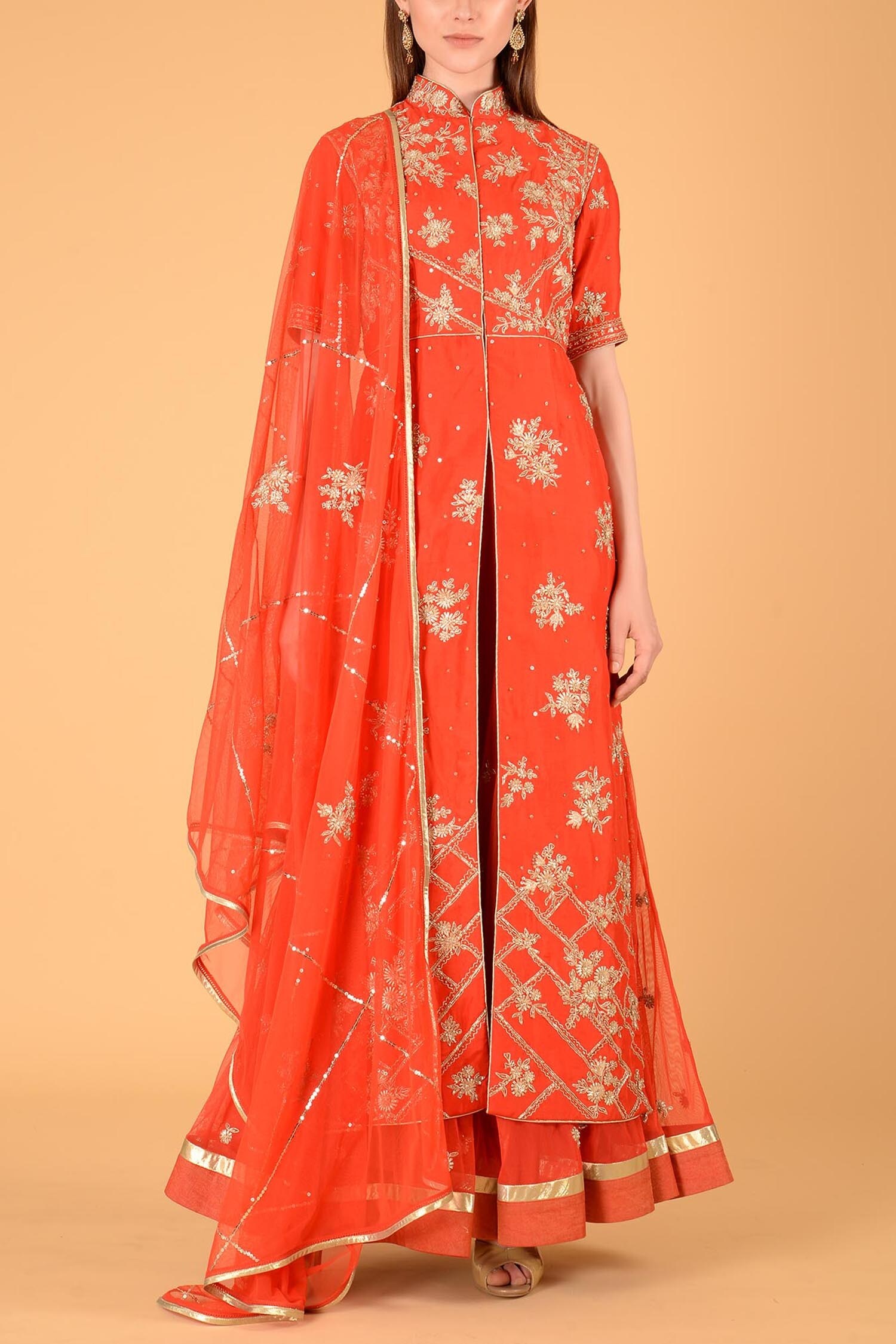 Buy Red Dupion Mandarin Collar Embroidered Kurta Set For Women by Sahil