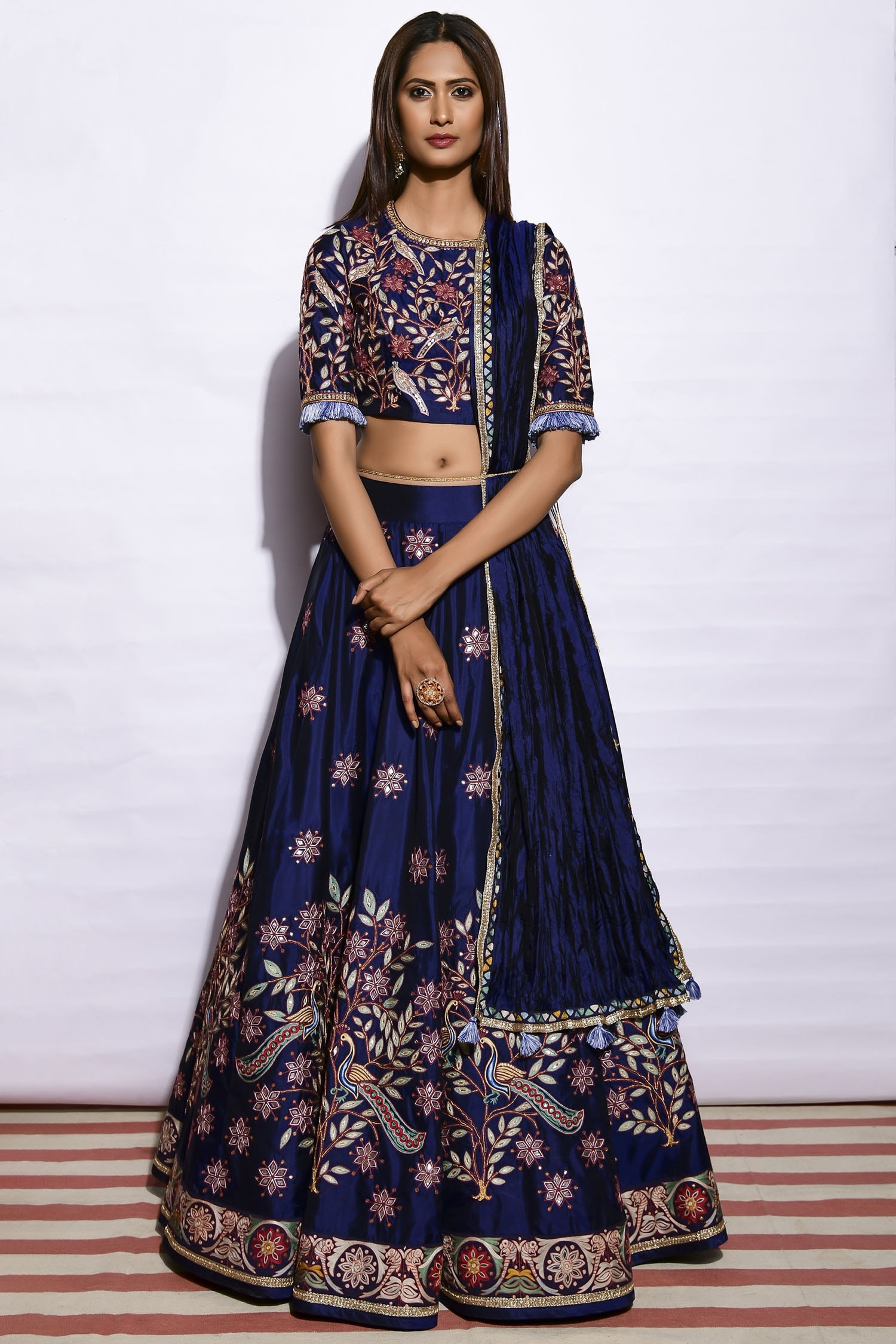 Buy Blue Silk Round Embroidered Lehenga Set For Women by Swati ...