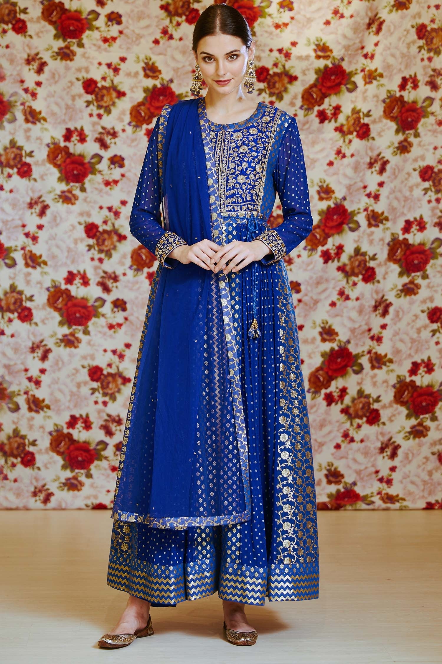 Shyam Narayan Prasad Blue Silk Chanderi Brocade Round Anarkali Set For Women