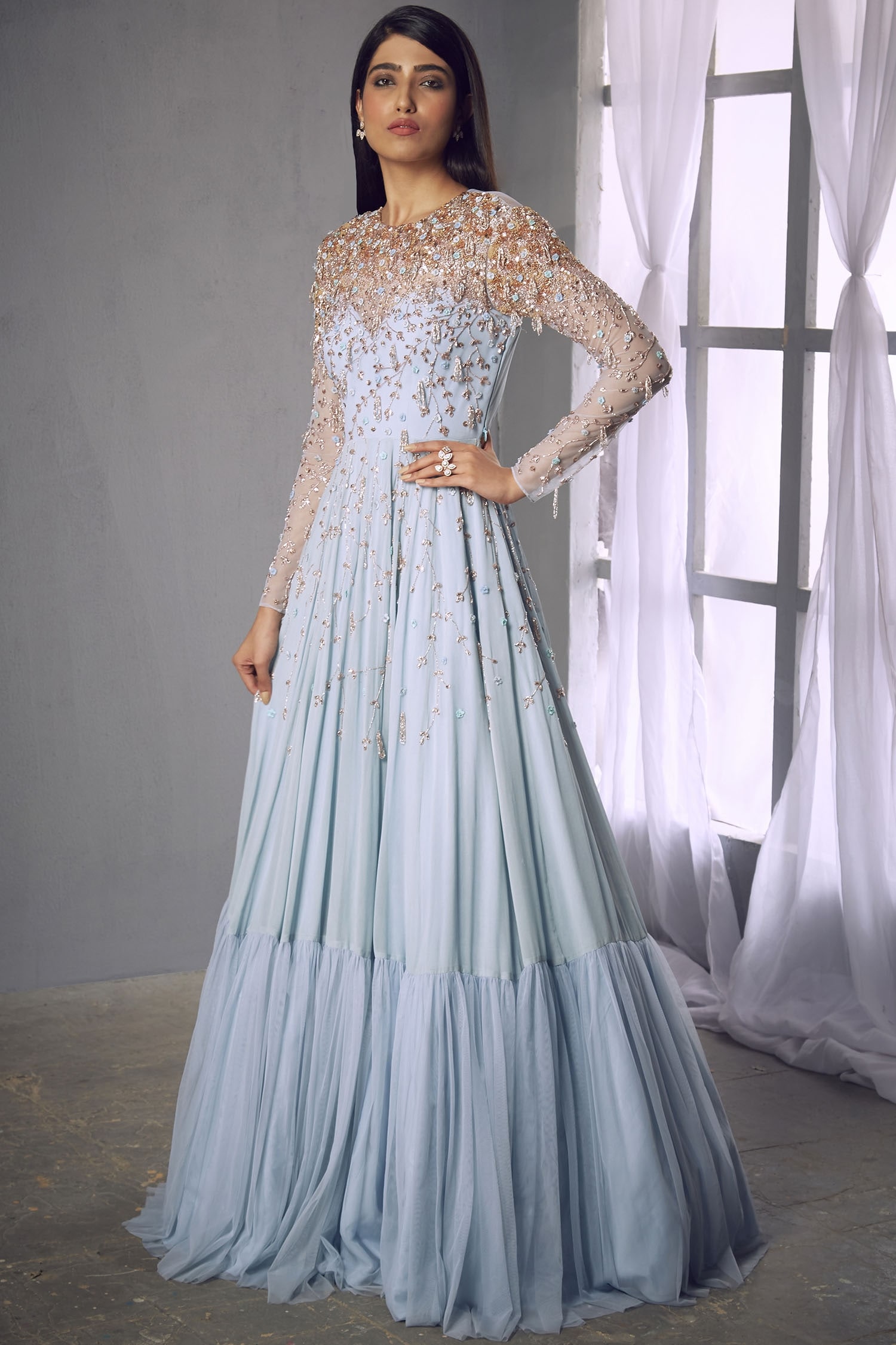 Buy Blue Georgette Round Embellished Gown For Women By Shloka Khialani 