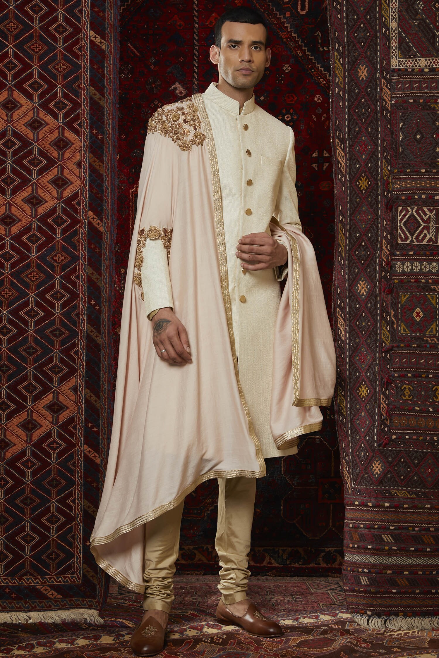 Buy Gold Cotton Silk Embroidered Sherwani Set For Men by Qbik Online at ...
