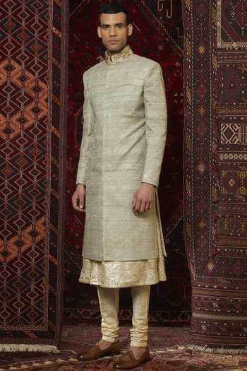 Buy Qbik Gold Silk Embroidered Sherwani Set Online | Aza Fashions