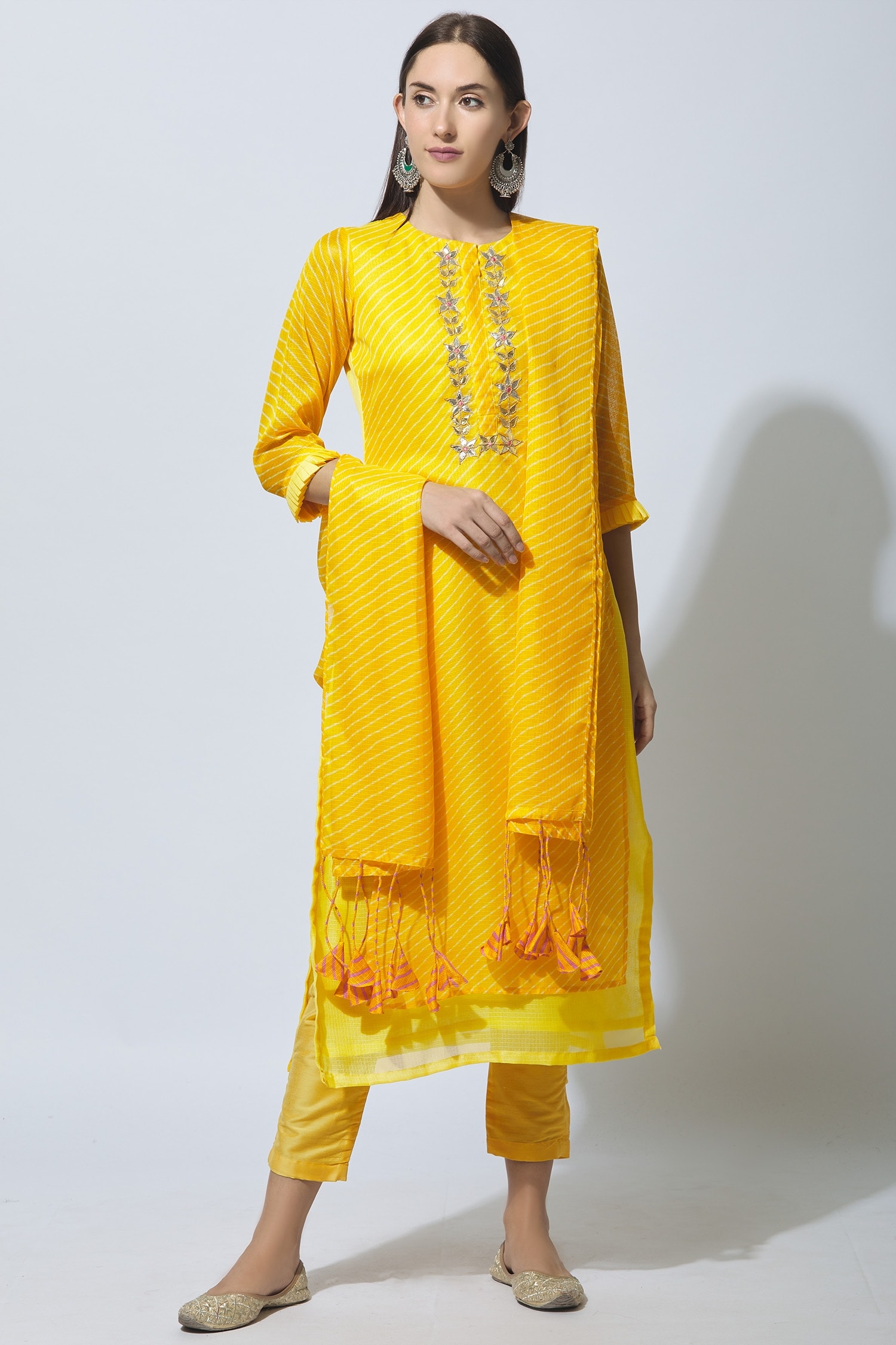 Buy Khwaab by Sanjana Lakhani Yellow Kota Leheriya Kurta Set Online ...