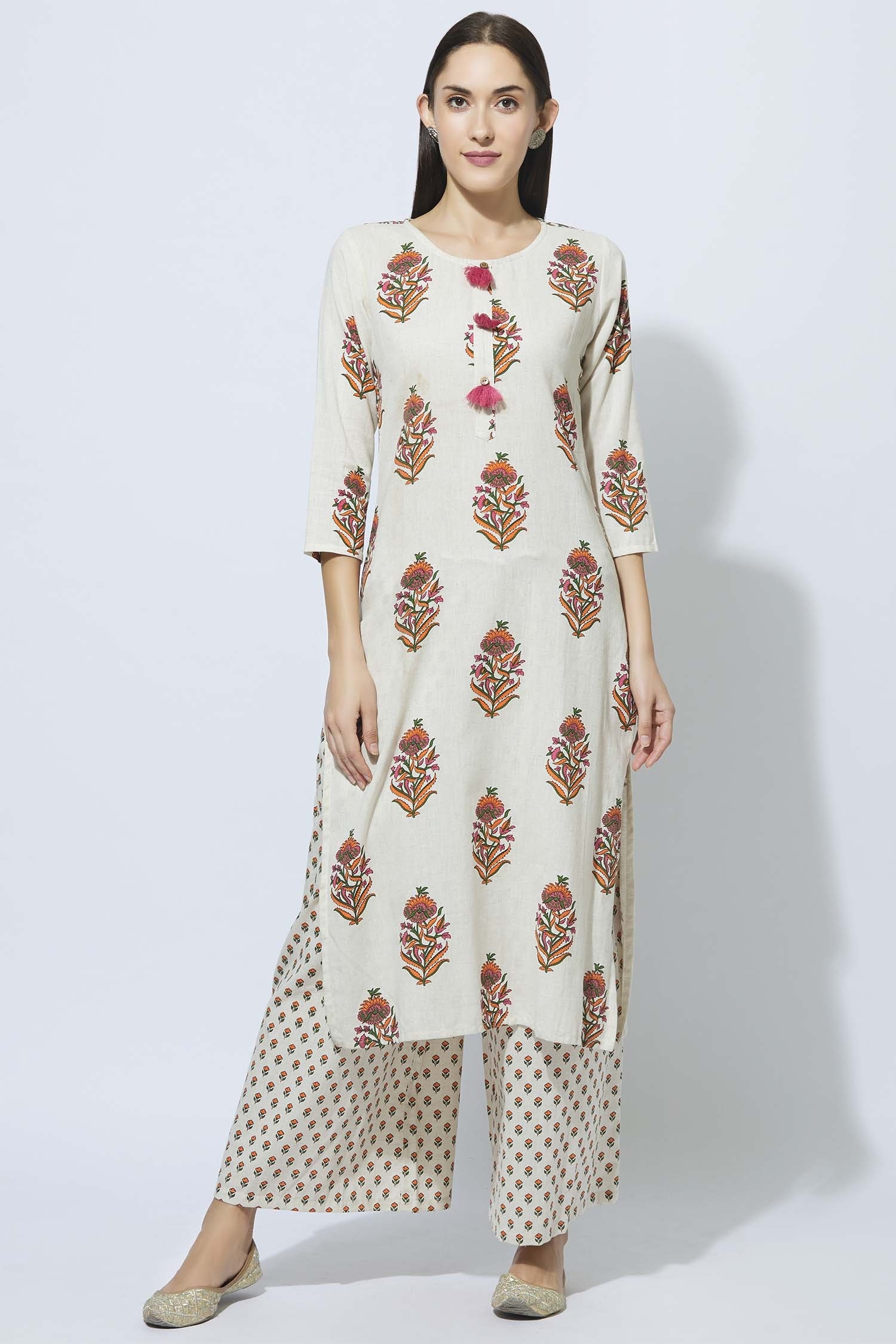 Buy White Cotton Round Floral Print Kurta And Palazzo Set For Women by ...