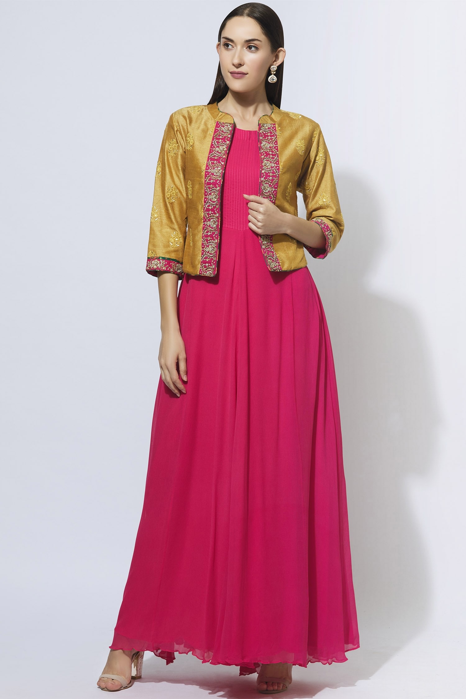 Cotton Lurex Yellow Anarkali Dress With Full Sequence Work Jacket - Ireshh