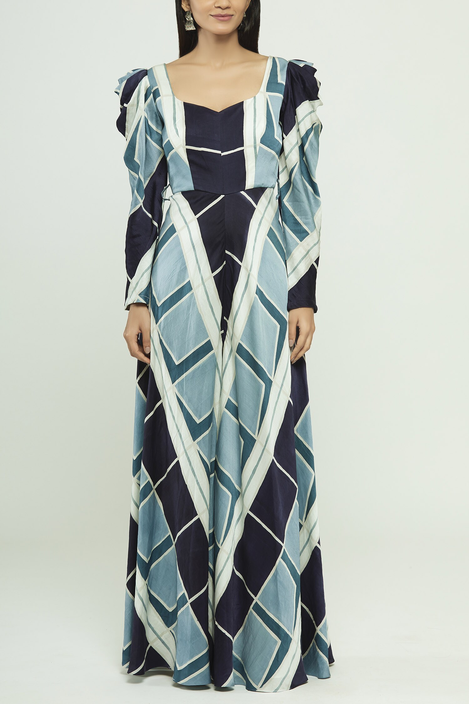 Buy Vedika M Blue Satin Hand Painted Jumpsuit Online Aza Fashions