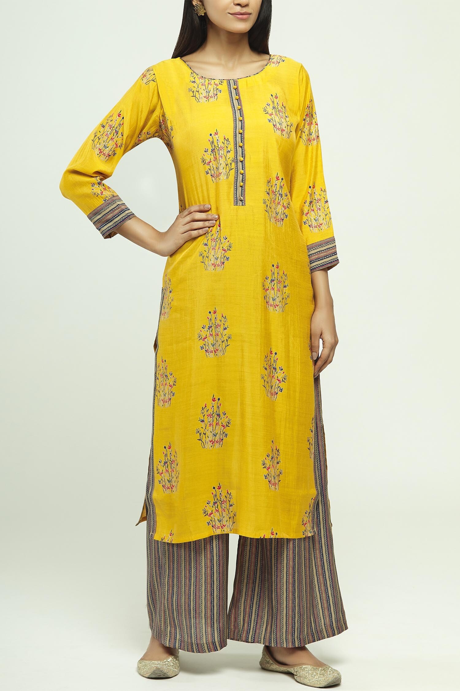 Buy Samyukta Singhania Yellow Silk Kurta Palazzo Set Online | Aza Fashions