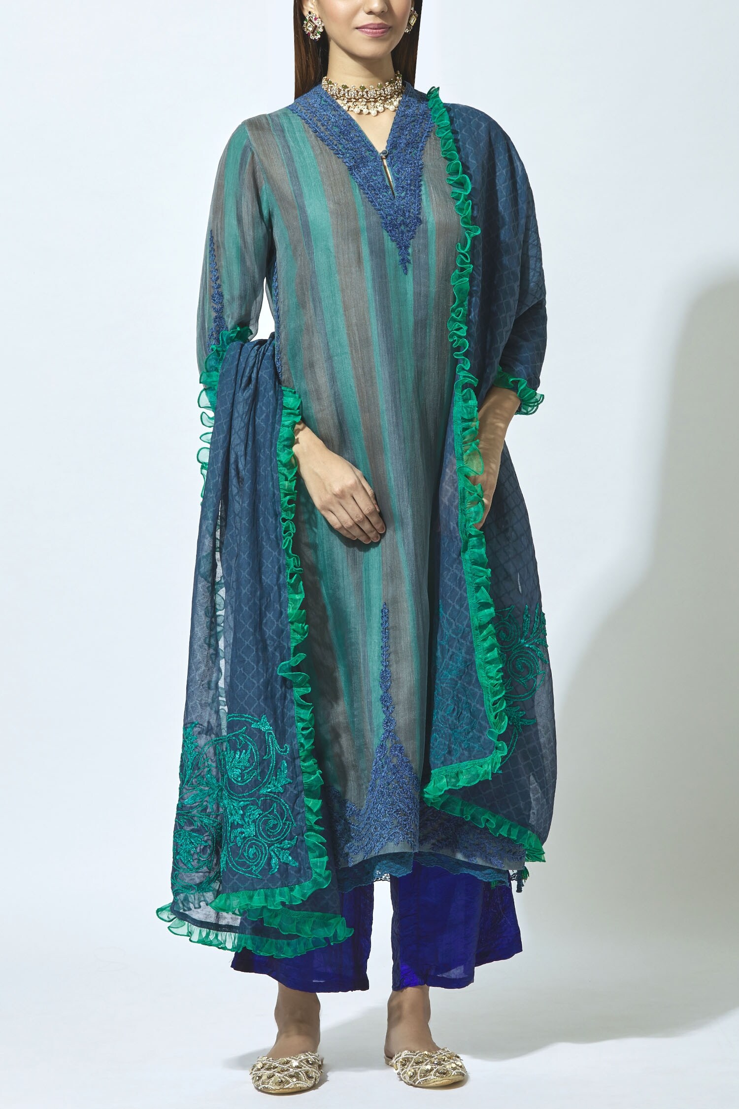 Buy Kora Blue Kurta Organza Embroidered Kurta Palazzo Set Online Aza