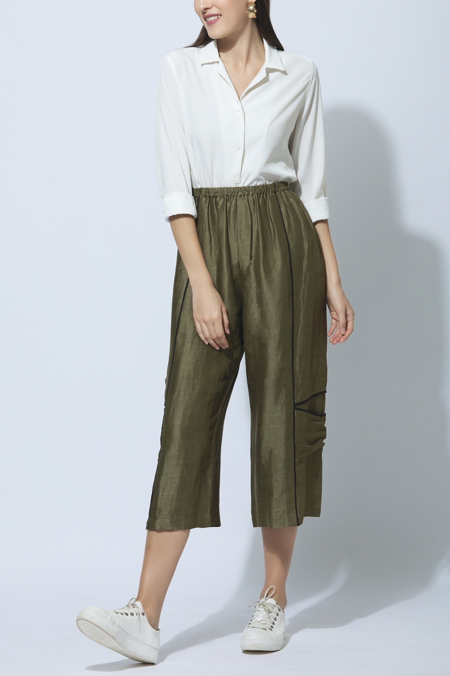 Buy Ezra Green Linen Satin Palazzo Pant Online | Aza Fashions