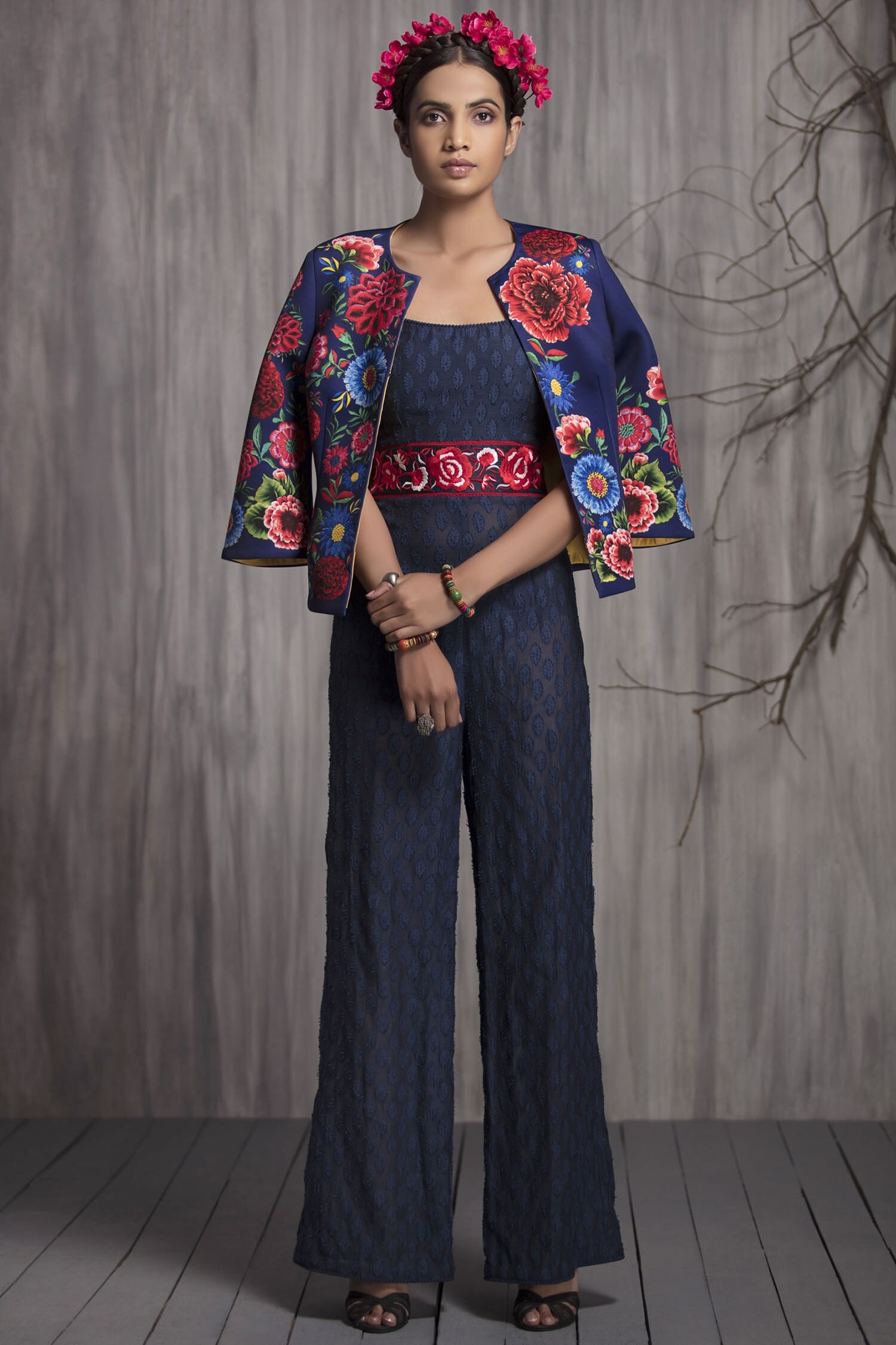 Buy Blue Cotton Round Textured Jumpsuit For Women by Payal Jain Online at Aza Fashions.